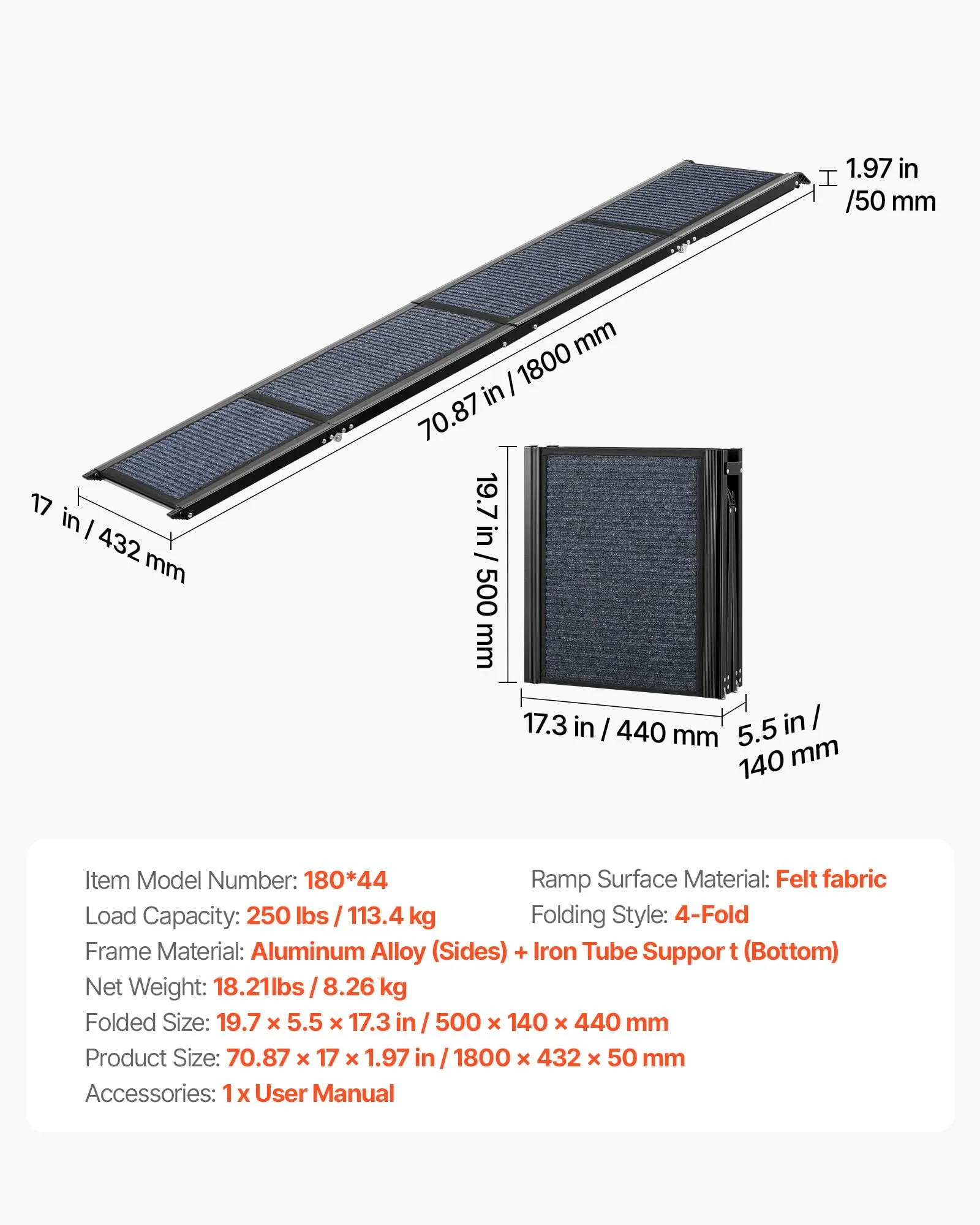 VEVOR Rampa per Cani per Auto 180 x 43,2 cm Rampe Pieghevoli con Superficie in Feltro Antiscivolo per Animali Domestici di Taglia Media e Grande Fino a 113 kg, per Cani da Esterno per SUV e Camion - immagine 7