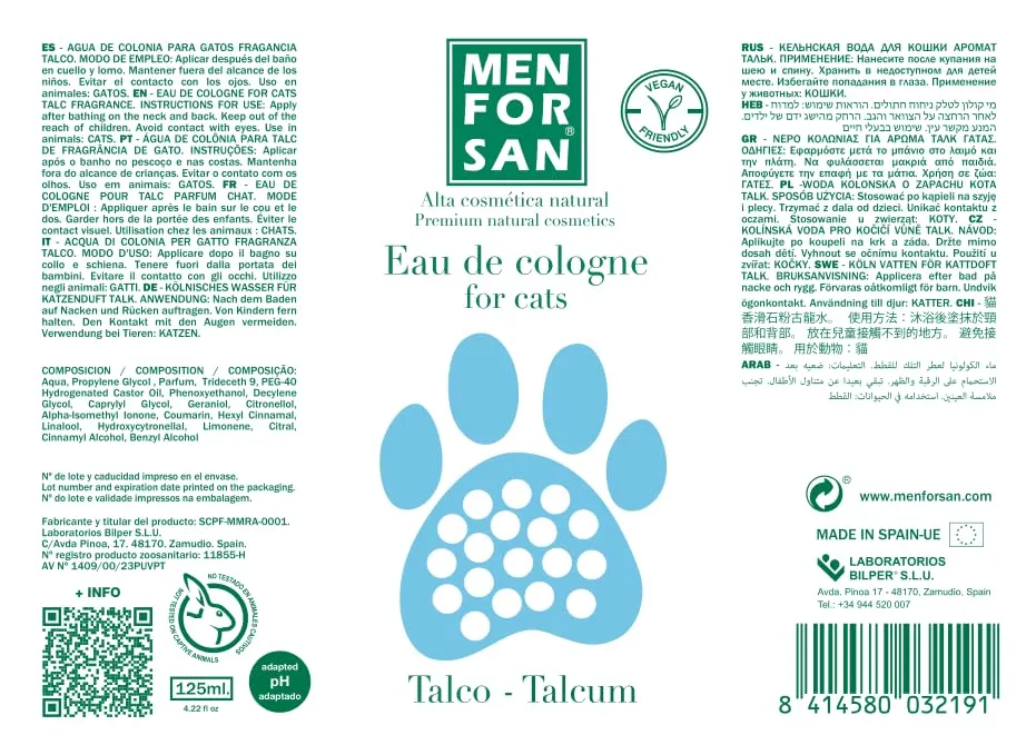 MENFORSAN Acqua di Cologne Talco per Gatti 125 Ml, Profumo Molto Piacevole, Trasparente - immagine 2