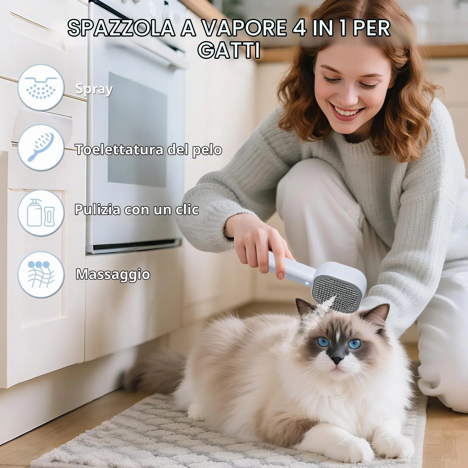 Cozary 4 in 1 Spazzola a Vapore per Gatti e Cani con Pulsante di Rilascio,Ricaricabile Spazzola Vapore con Lampada Antifungina per Massaggi Cura Depilazione,per Peli Lunghi e Corti Gatti Cani Conigli - immagine 2