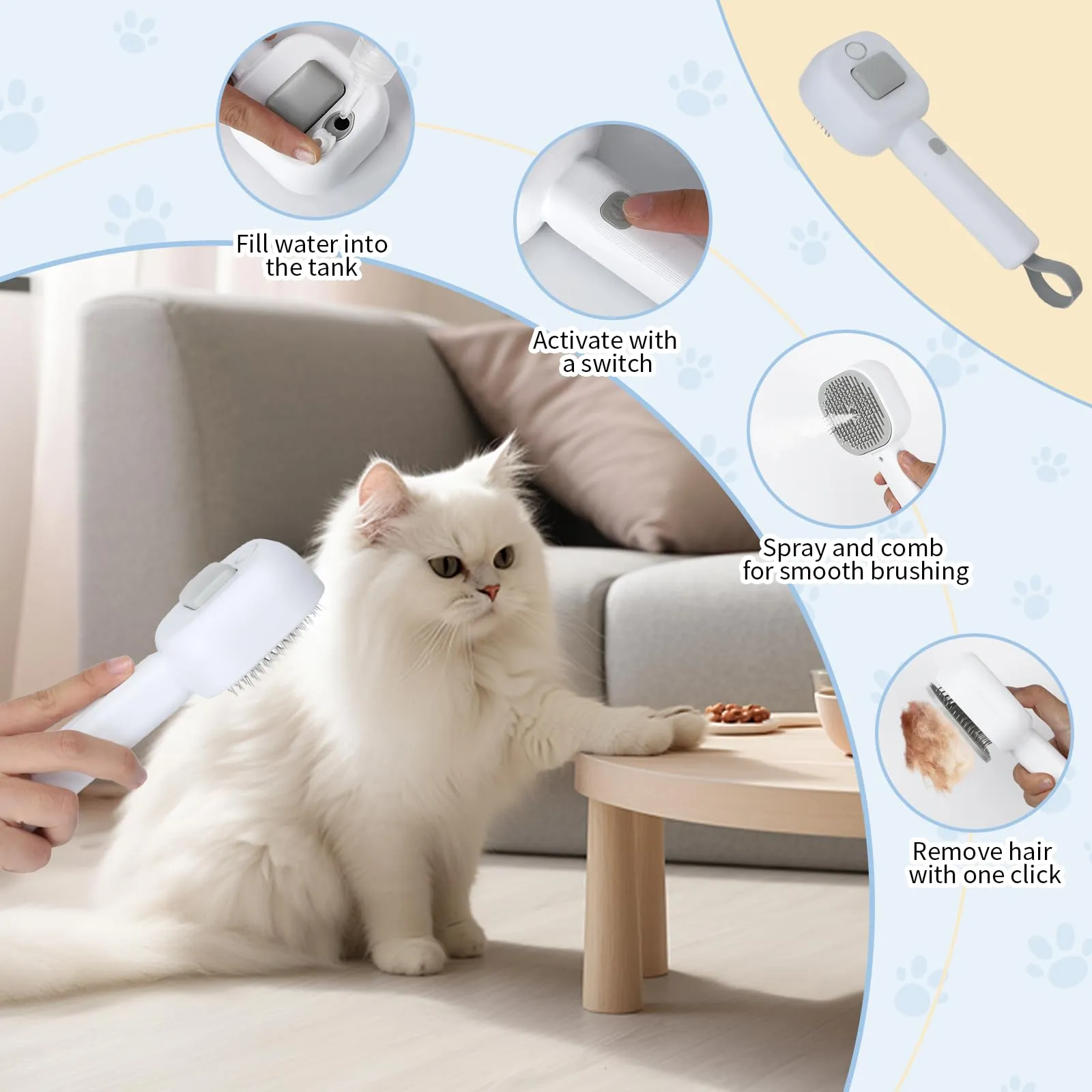 Cozary 4 in 1 Spazzola a Vapore per Gatti e Cani con Pulsante di Rilascio,Ricaricabile Spazzola Vapore con Lampada Antifungina per Massaggi Cura Depilazione,per Peli Lunghi e Corti Gatti Cani Conigli - immagine 4