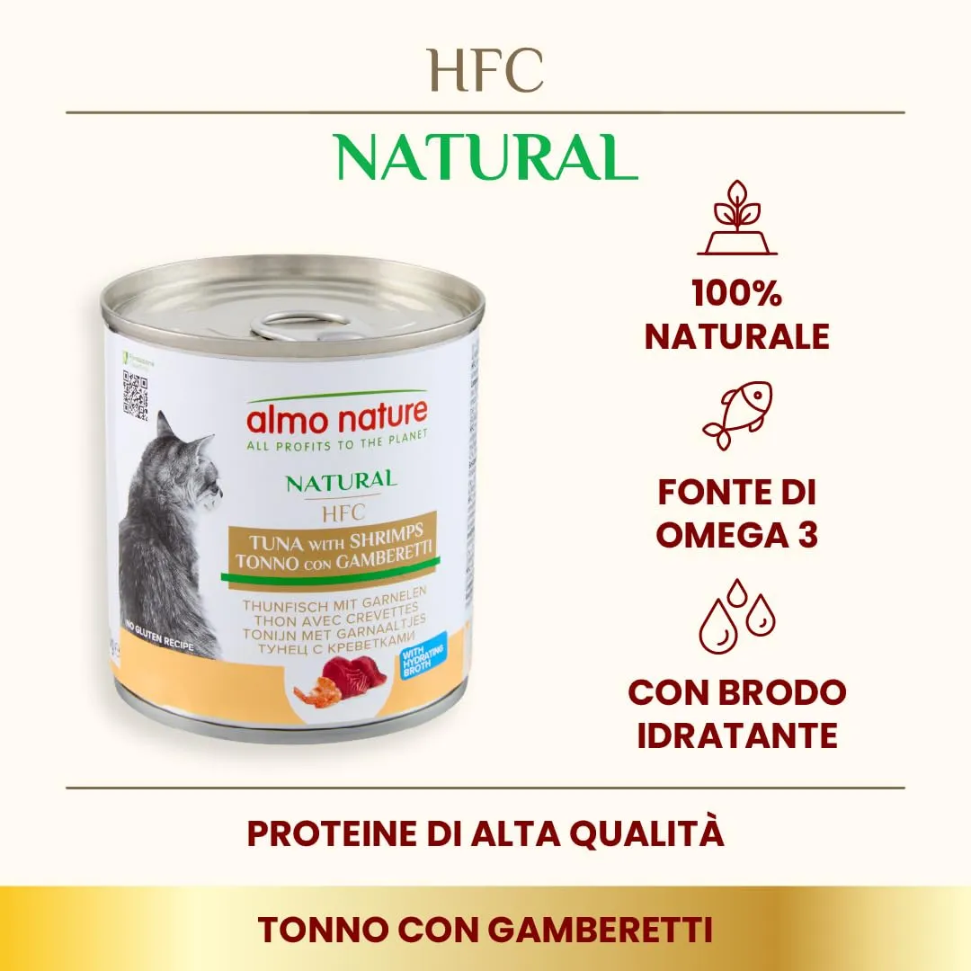 Almo Nature Almo Nature Hfc Natural - Cibo Umido Complementare Per Gatti Adulti Con 100% Tonno E Gamberetti Freschi Di Qualità Hfc. 12 Lattine Da 280G. - 4200 g - immagine 2