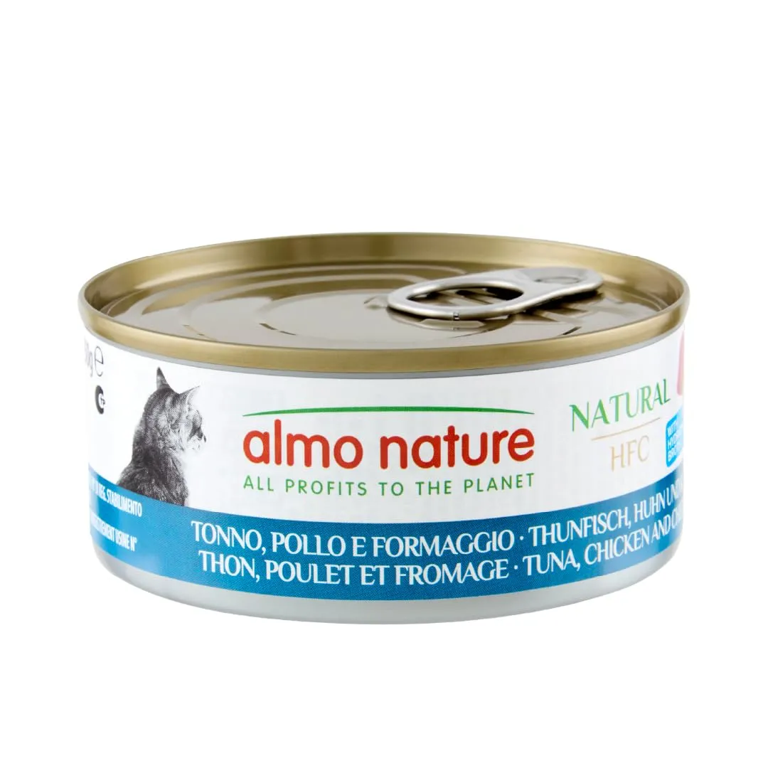 Almo Nature HFC Natural, Alimento Umido per Gatti - Tonno, Pollo e Formaggio - Confezione da 3.6 kg (24 x 150 g) - immagine 1