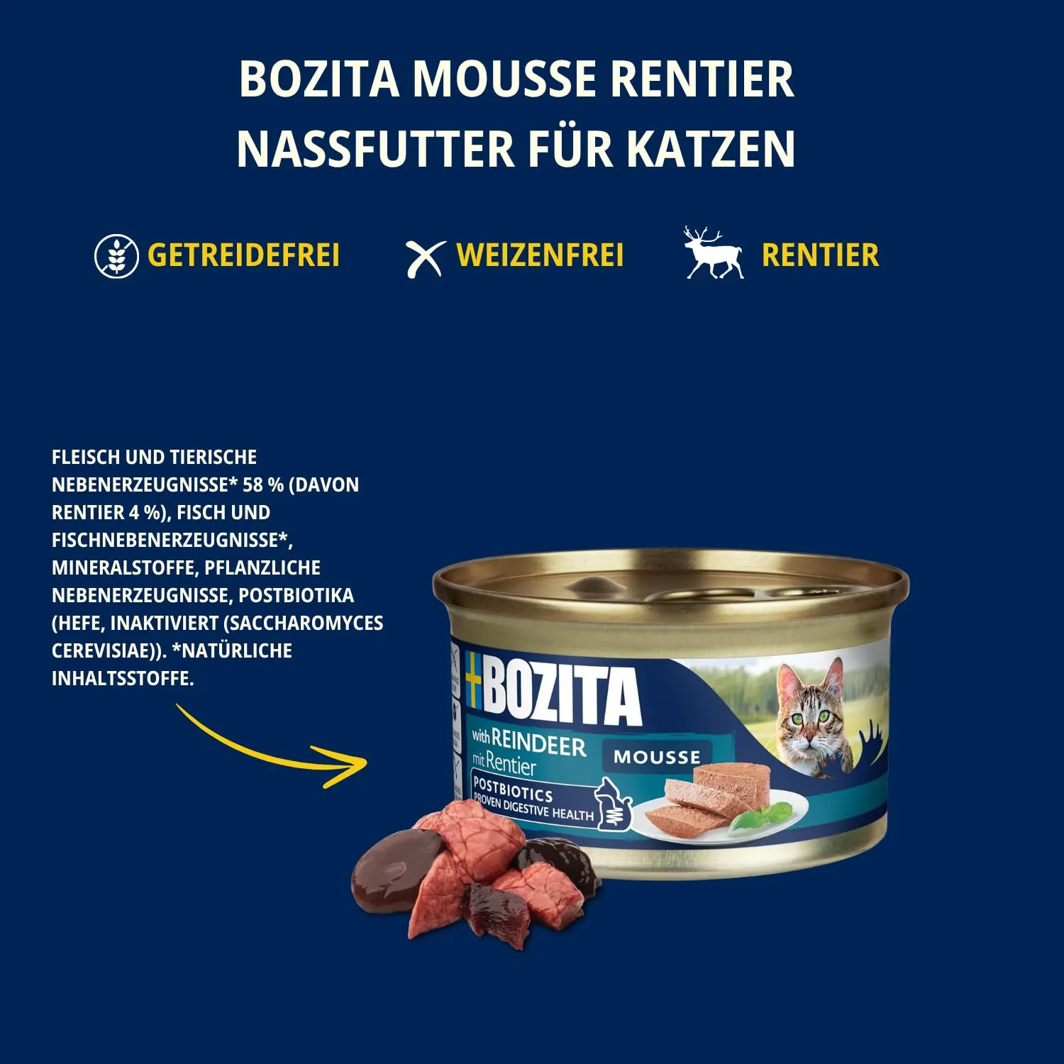 Bozita Mousse renna – 12 x 85 g di cibo umido per gatti con texture di mousse fine con renna – formula senza cereali, senza zuccheri aggiunti e coloranti – con postbiotici per sostenere la microflora - immagine 3