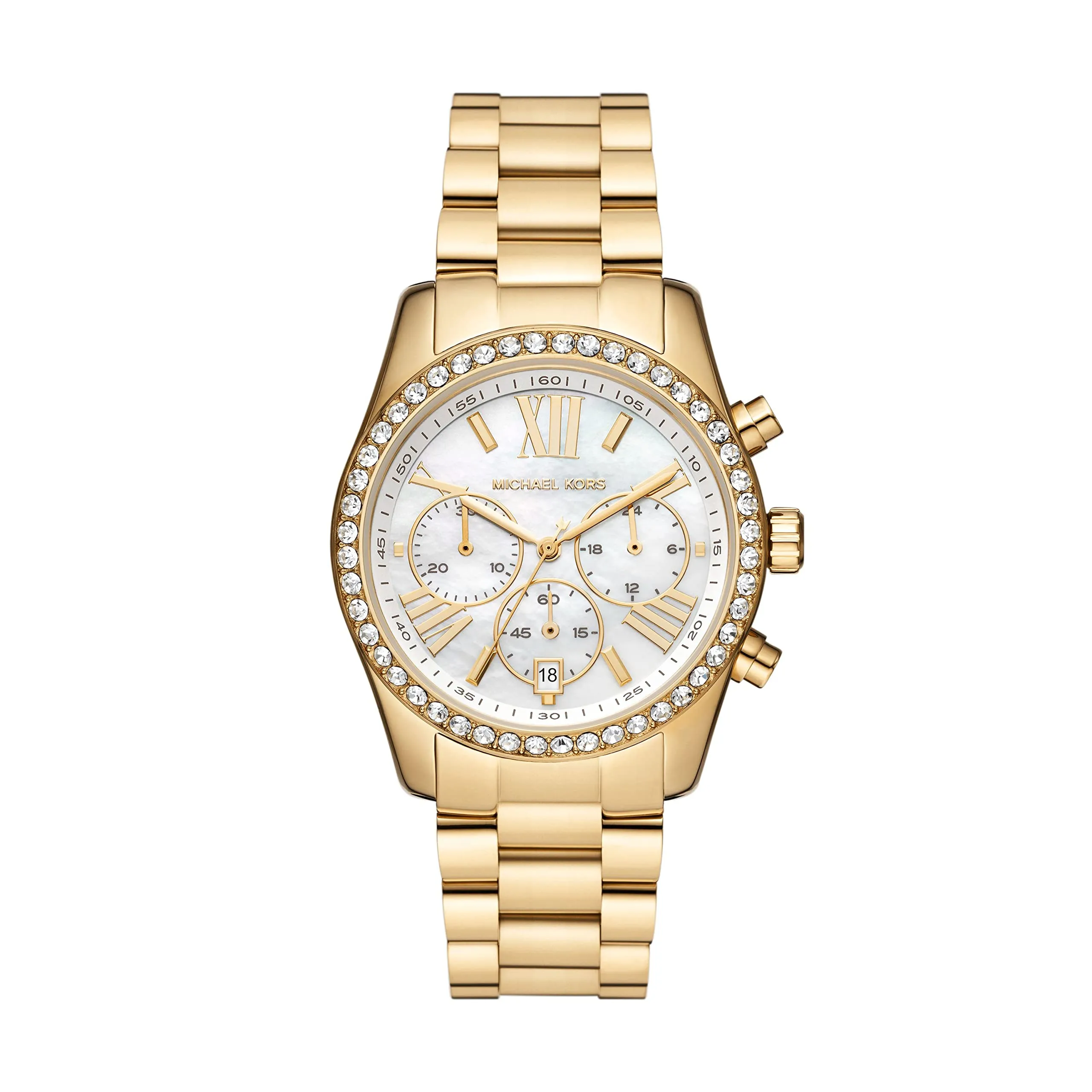 Michael Kors Orologio Lexington da donna, movimento cronografo al quarzo con cinturino in acciaio inossidabile, 38 mm, Tono oro e bianco - immagine 1
