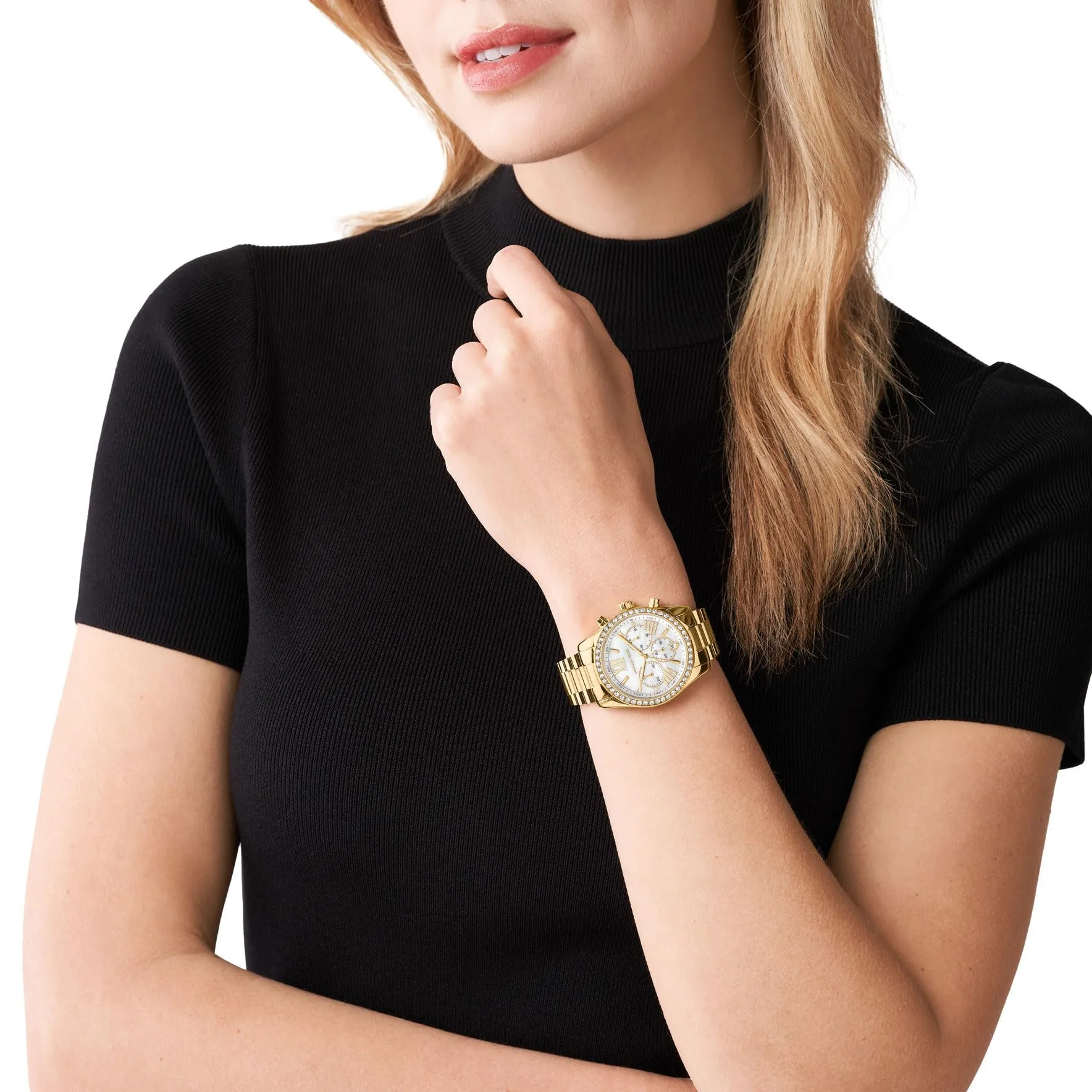 Michael Kors Orologio Lexington da donna, movimento cronografo al quarzo con cinturino in acciaio inossidabile, 38 mm, Tono oro e bianco - immagine 4