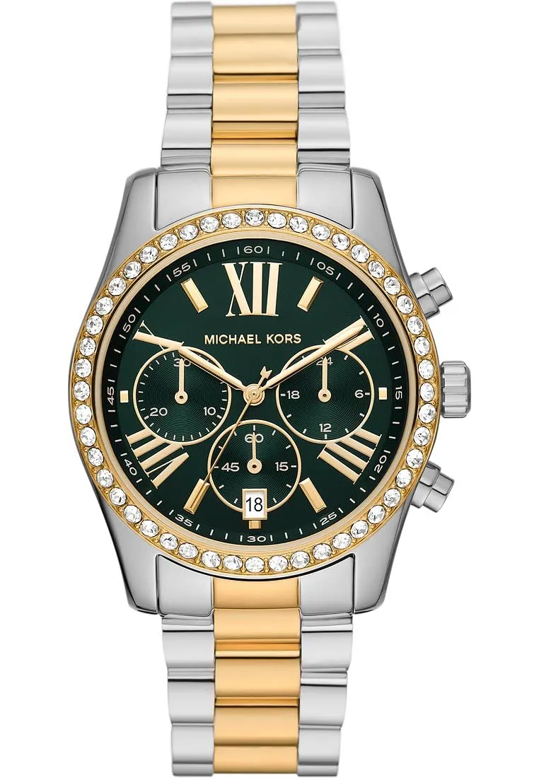 Michael Kors Orologio Lexington da donna, movimento cronografo al quarzo con cinturino in acciaio inossidabile, 38 mm, Argento e verde scuro - immagine 1