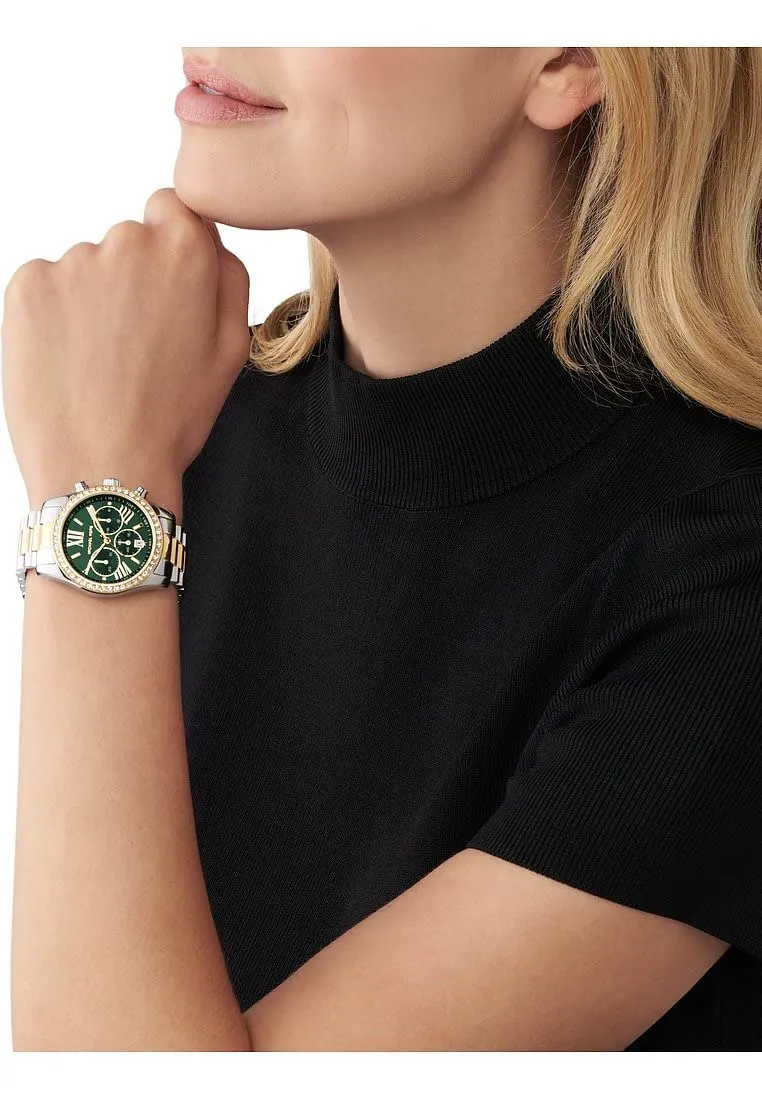 Michael Kors Orologio Lexington da donna, movimento cronografo al quarzo con cinturino in acciaio inossidabile, 38 mm, Argento e verde scuro - immagine 5