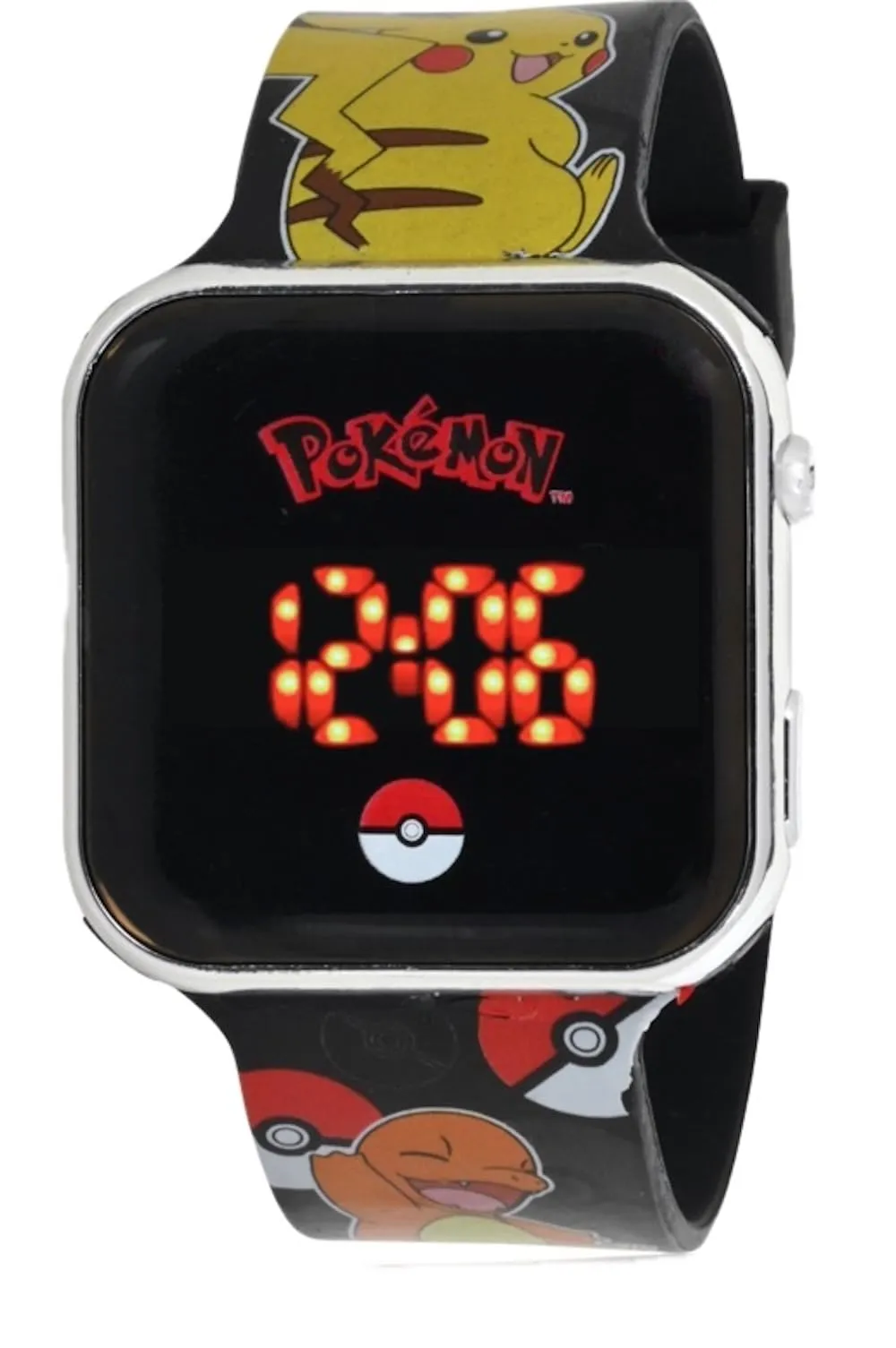 Accutime Orologio a LED per bambini, design Pokémon, grande display digitale a LED, cinturino regolabile, lunga durata della batteria, spegnimento automatico, nero - immagine 1