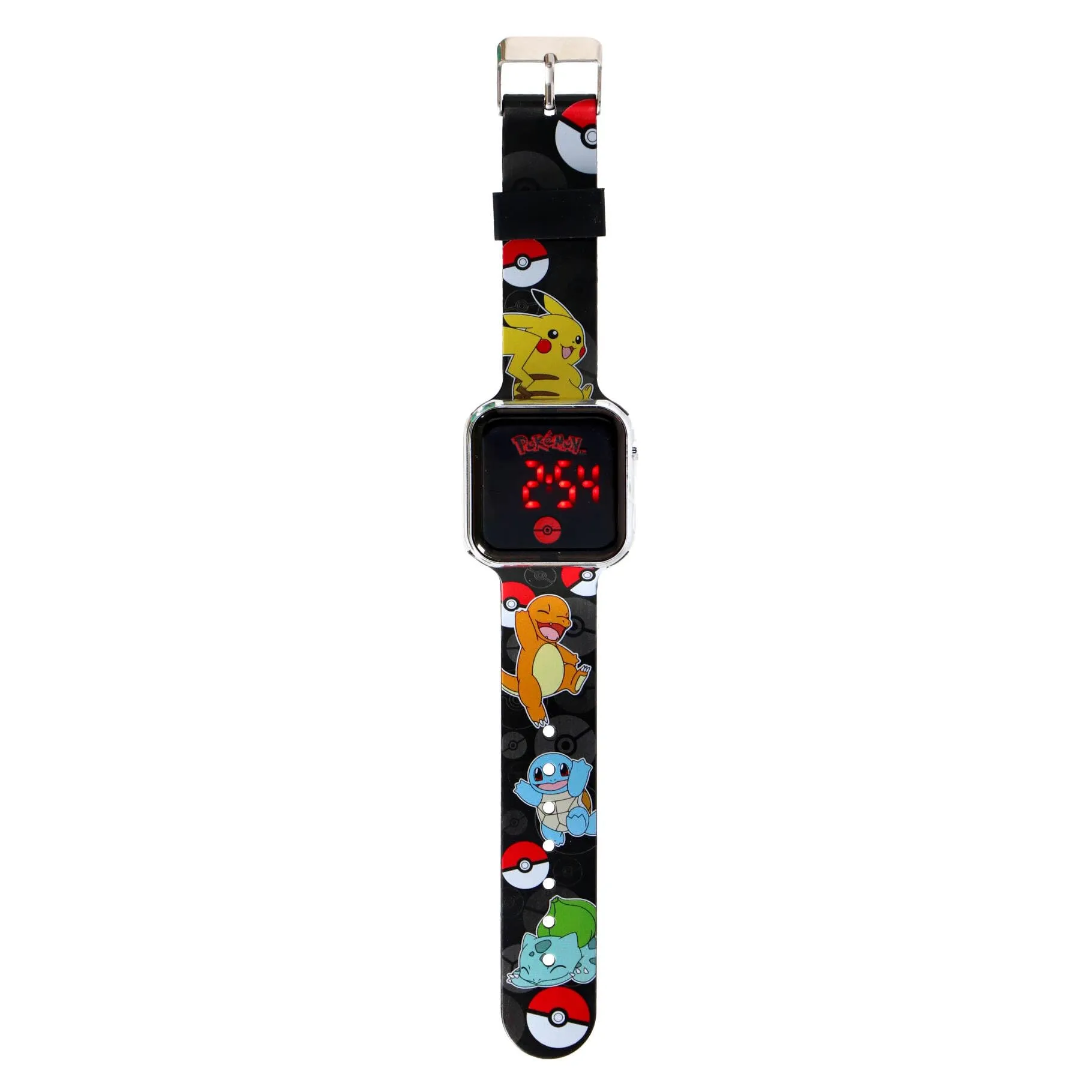 Accutime Orologio a LED per bambini, design Pokémon, grande display digitale a LED, cinturino regolabile, lunga durata della batteria, spegnimento automatico, nero - immagine 2