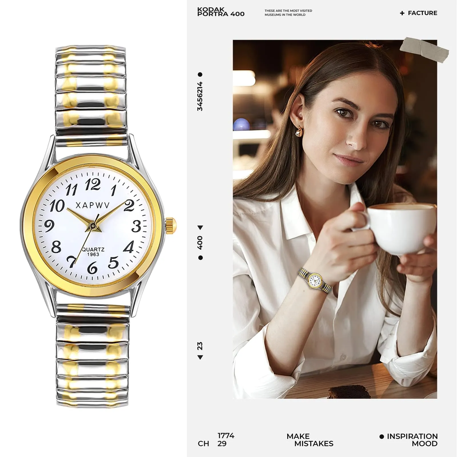 JewelryWe Orologio da polso da donna, elegante, analogico, al quarzo, con quadrante digitale e cinturino in lega elastica, oro/argento, 1-oro/argento - immagine 4