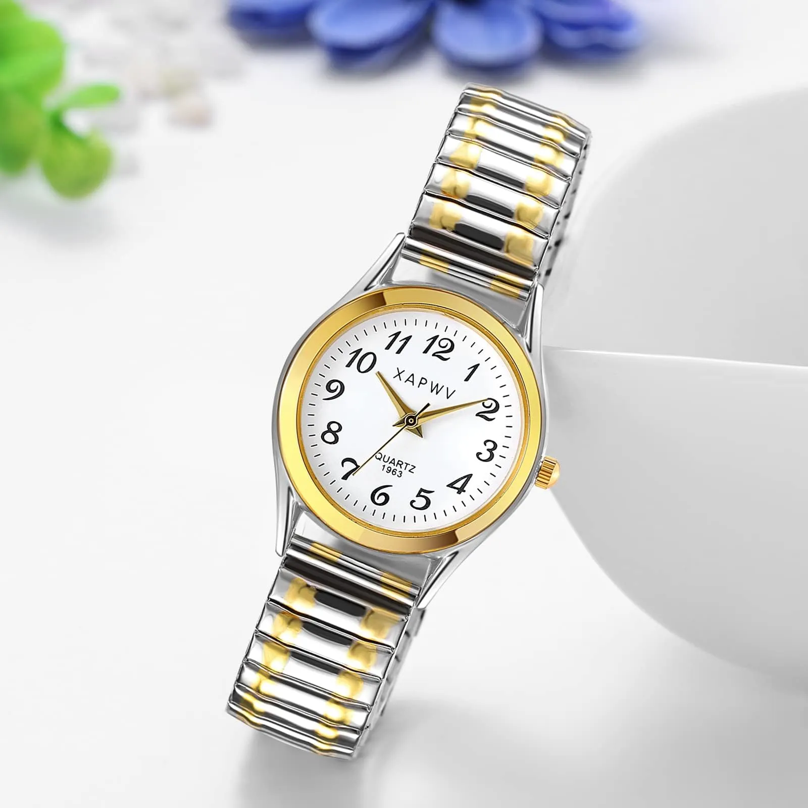 JewelryWe Orologio da polso da donna, elegante, analogico, al quarzo, con quadrante digitale e cinturino in lega elastica, oro/argento, 1-oro/argento - immagine 5