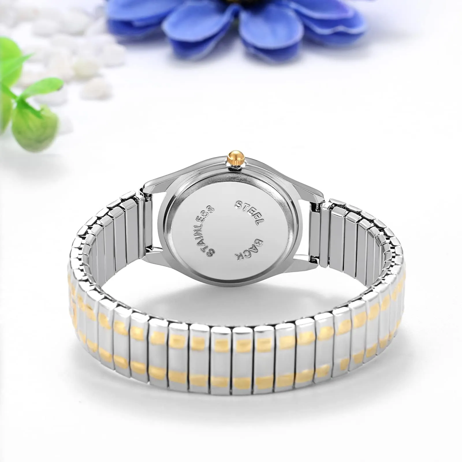 JewelryWe Orologio da polso da donna, elegante, analogico, al quarzo, con quadrante digitale e cinturino in lega elastica, oro/argento, 1-oro/argento - immagine 6