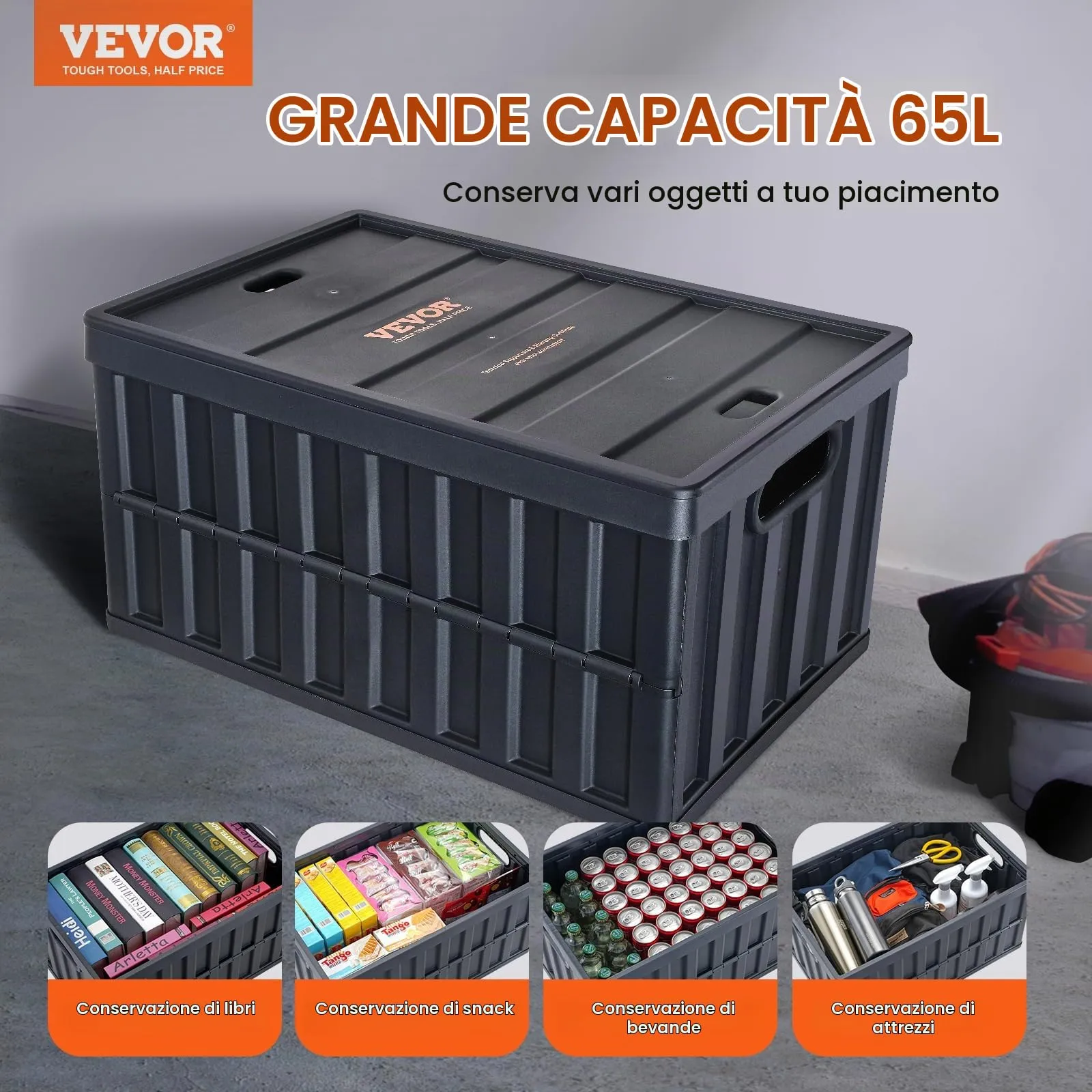 VEVOR Contenitore Pieghevole con Coperchi in Plastica Scatola di Stoccaggio 3 Pezzi Portabile per Campeggio Viaggio Auto, Contenitore Pieghevole Capacità 65L con Maniglie Coperchio Uso Esterno Interno - immagine 2