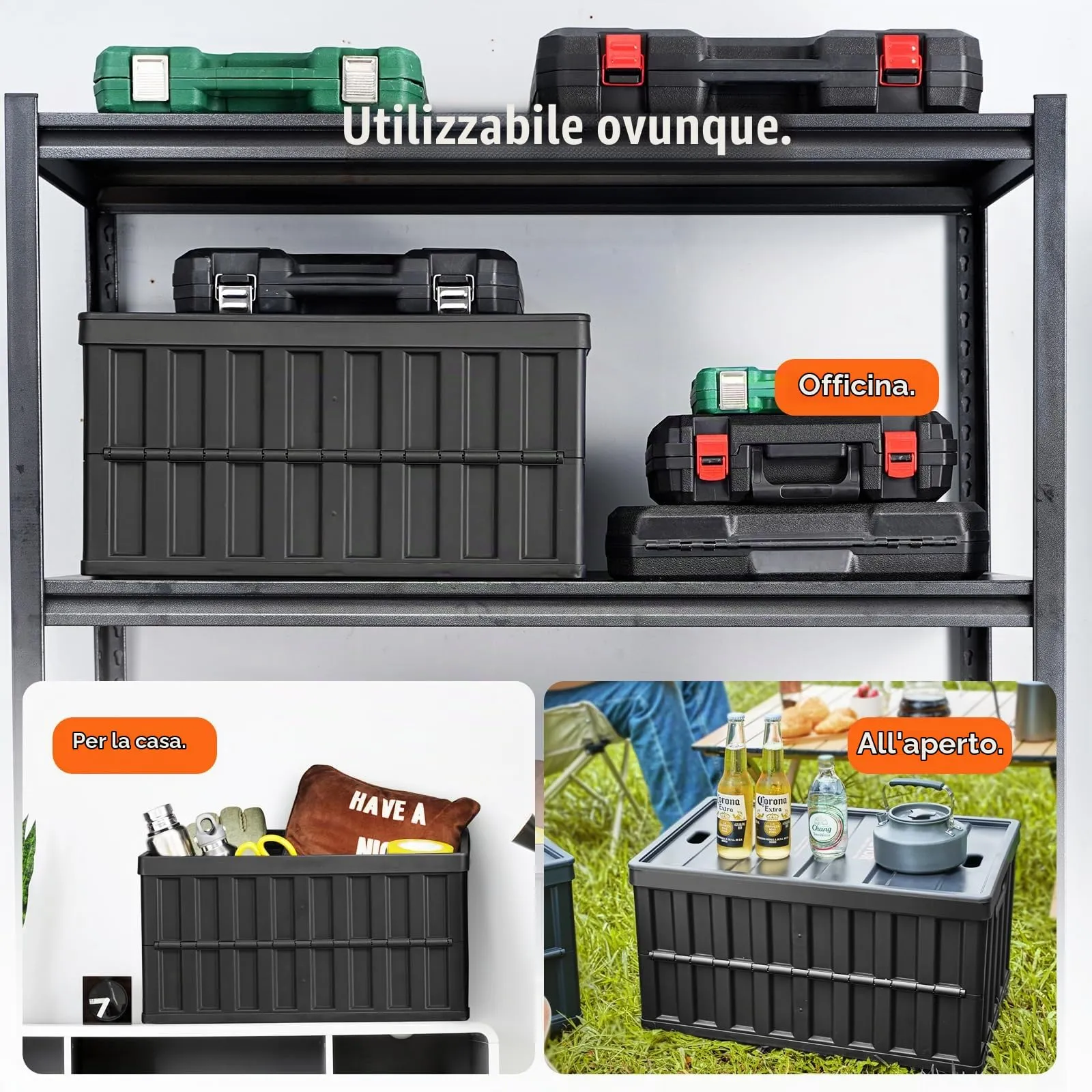 VEVOR Contenitore Pieghevole con Coperchi in Plastica Scatola di Stoccaggio 3 Pezzi Portabile per Campeggio Viaggio Auto, Contenitore Pieghevole Capacità 65L con Maniglie Coperchio Uso Esterno Interno - immagine 6