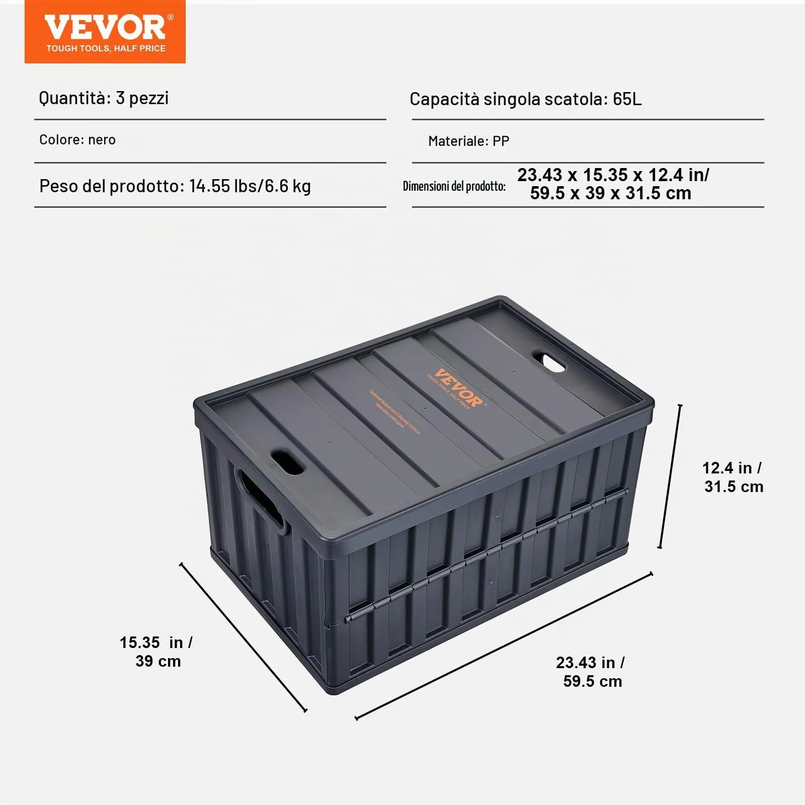 VEVOR Contenitore Pieghevole con Coperchi in Plastica Scatola di Stoccaggio 3 Pezzi Portabile per Campeggio Viaggio Auto, Contenitore Pieghevole Capacità 65L con Maniglie Coperchio Uso Esterno Interno - immagine 7