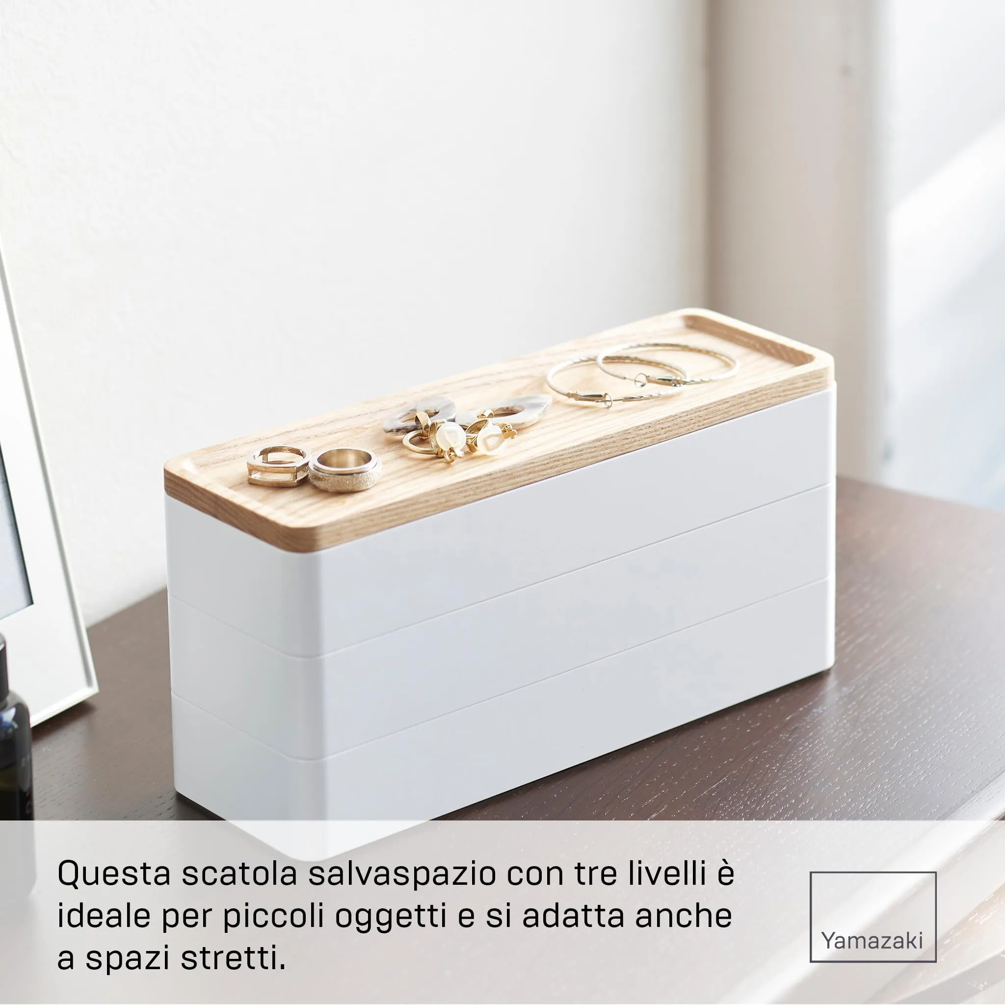 YAMAZAKI 5811 RIN 3Tiered Slim Accessory Case with Lid, white, ABS Resin/Wood, 24 x 8 x 11.5 cm - immagine 2