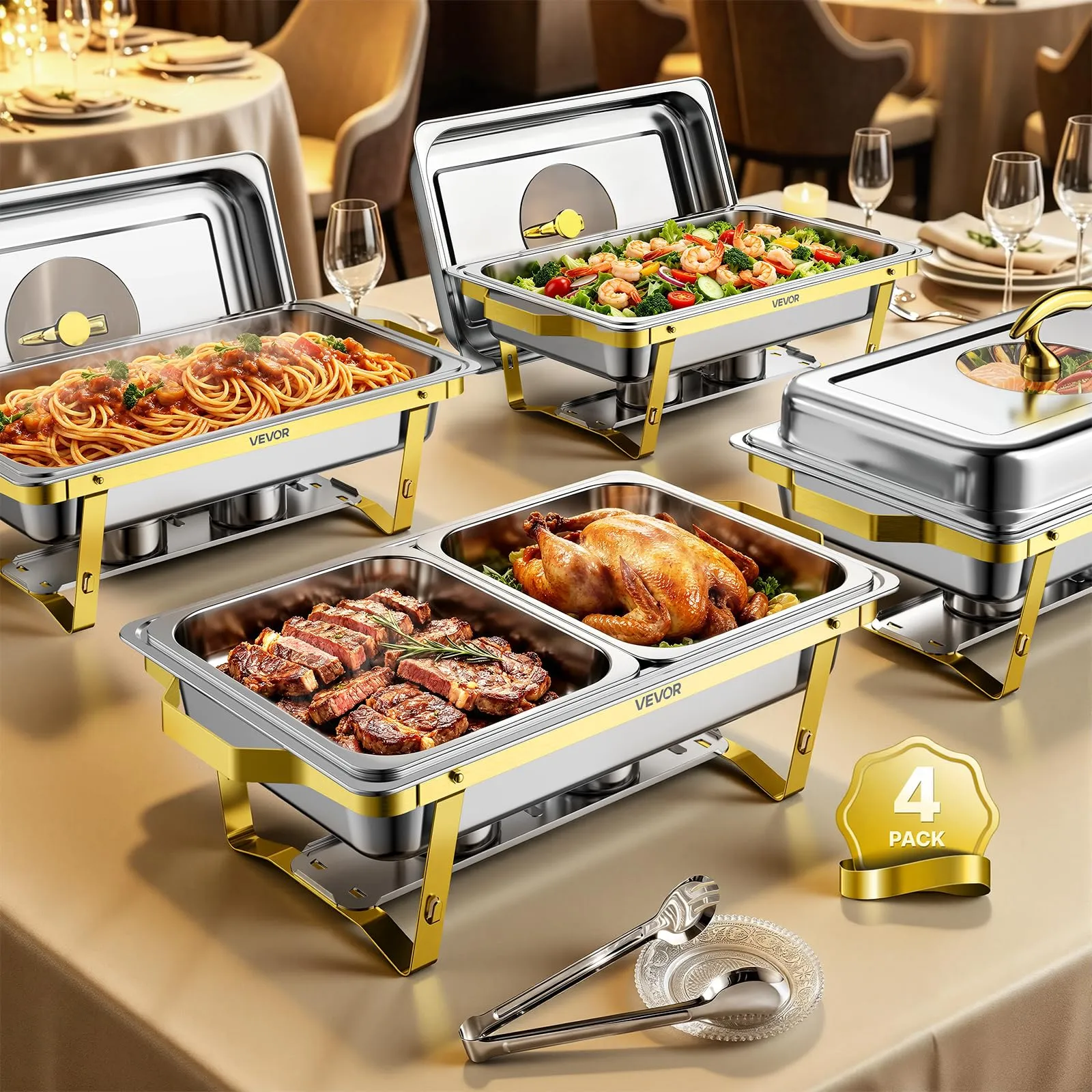 VEVOR Set Scaldavivande 4 pz per Alimenti Acciaio Inox 8,52L con Coperchio - immagine 2
