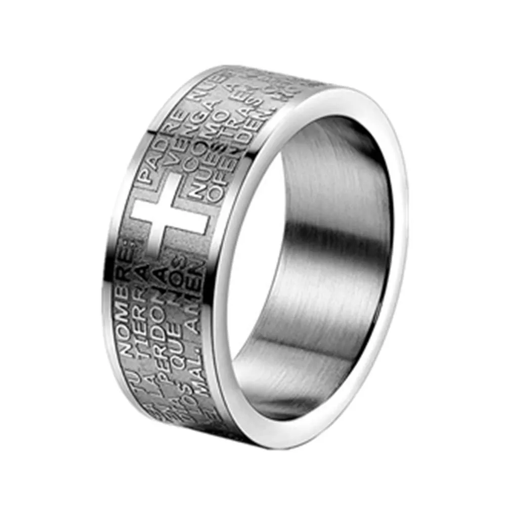 JewelryWe Gioielli Anello da Uomo Donna,Anello 8mm, Acciaio Inossidabile, Anello Banda Argento Inglese Bibbia Preghiera Signori Attraversare Epoca, Misura 12 - immagine 1