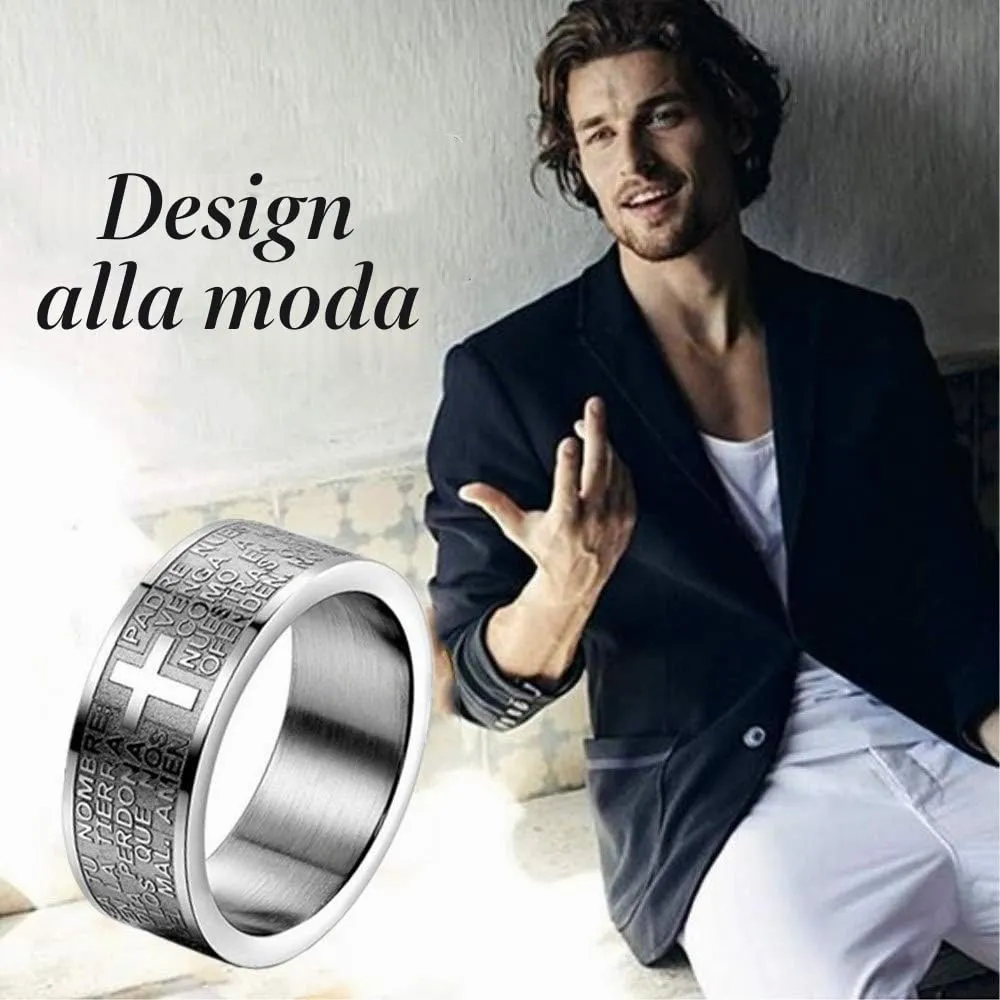 JewelryWe Gioielli Anello da Uomo Donna,Anello 8mm, Acciaio Inossidabile, Anello Banda Argento Inglese Bibbia Preghiera Signori Attraversare Epoca, Misura 12 - immagine 4