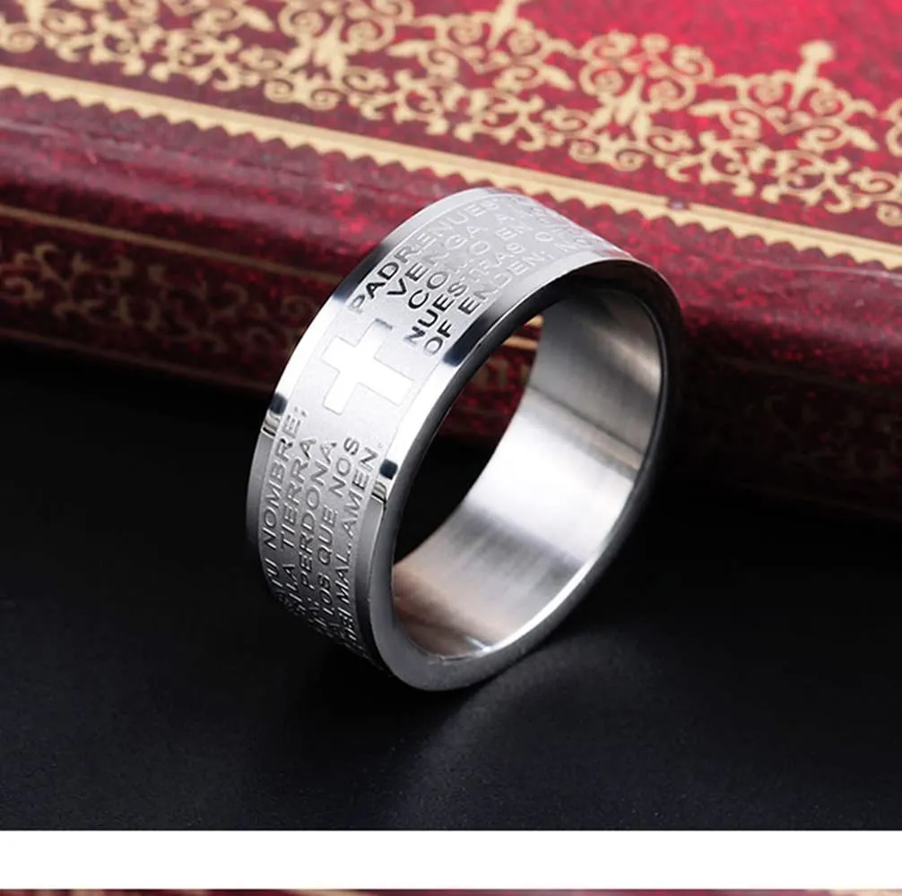 JewelryWe Gioielli Anello da Uomo Donna,Anello 8mm, Acciaio Inossidabile, Anello Banda Argento Inglese Bibbia Preghiera Signori Attraversare Epoca, Misura 24 - immagine 3
