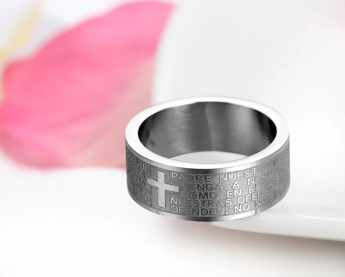 JewelryWe Gioielli Anello da Uomo Donna,Anello 8mm, Acciaio Inossidabile, Anello Banda Argento Inglese Bibbia Preghiera Signori Attraversare Epoca, Misura 30 - immagine 2