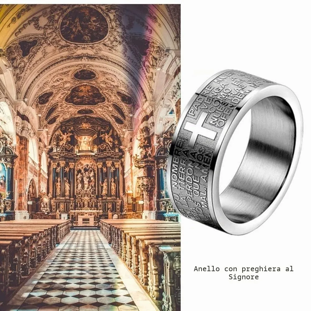 JewelryWe Gioielli Anello da Uomo Donna,Anello 8mm, Acciaio Inossidabile, Anello Banda Argento Inglese Bibbia Preghiera Signori Attraversare Epoca, Misura 30 - immagine 5
