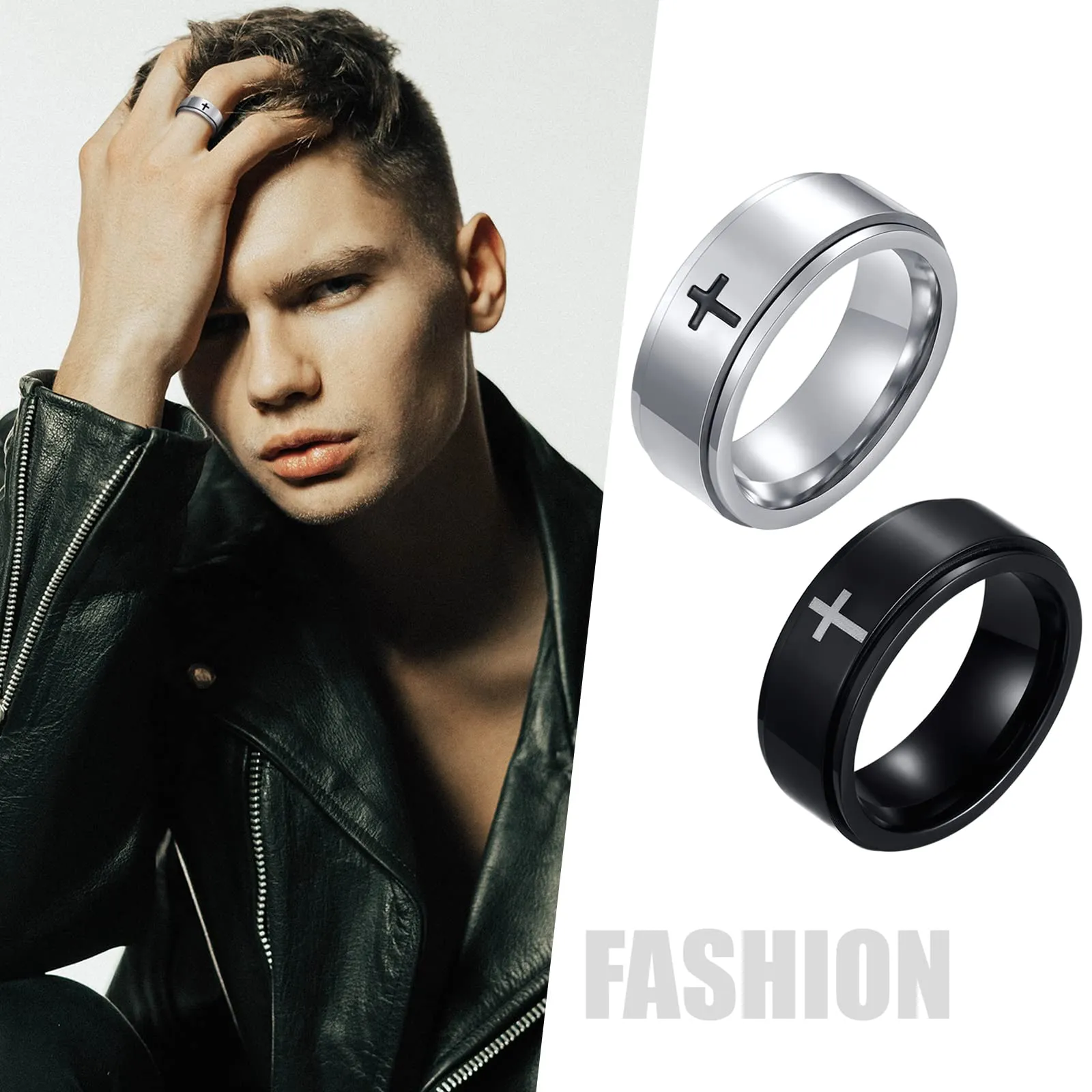 JewelryWe 2pcs Anelli Spinner,Antistress,Anello Preghiera da Uomo,Croce, Regalo Natale - immagine 5
