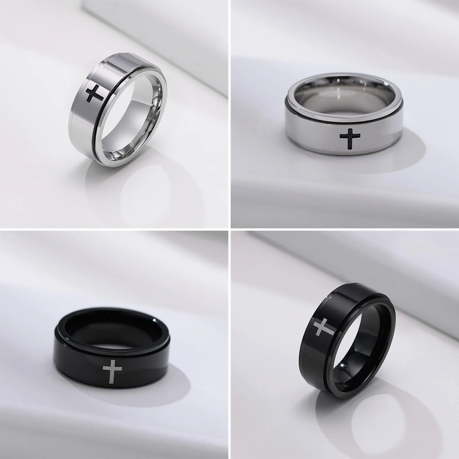 JewelryWe 2pcs Anelli Spinner,Antistress,Anello Preghiera da Uomo,Croce, Regalo Natale - immagine 3
