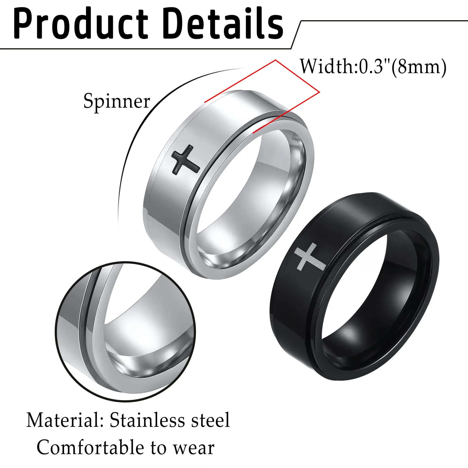 JewelryWe 2pcs Anelli Spinner,Antistress,Anello Preghiera da Uomo,Croce, Regalo Natale - immagine 4