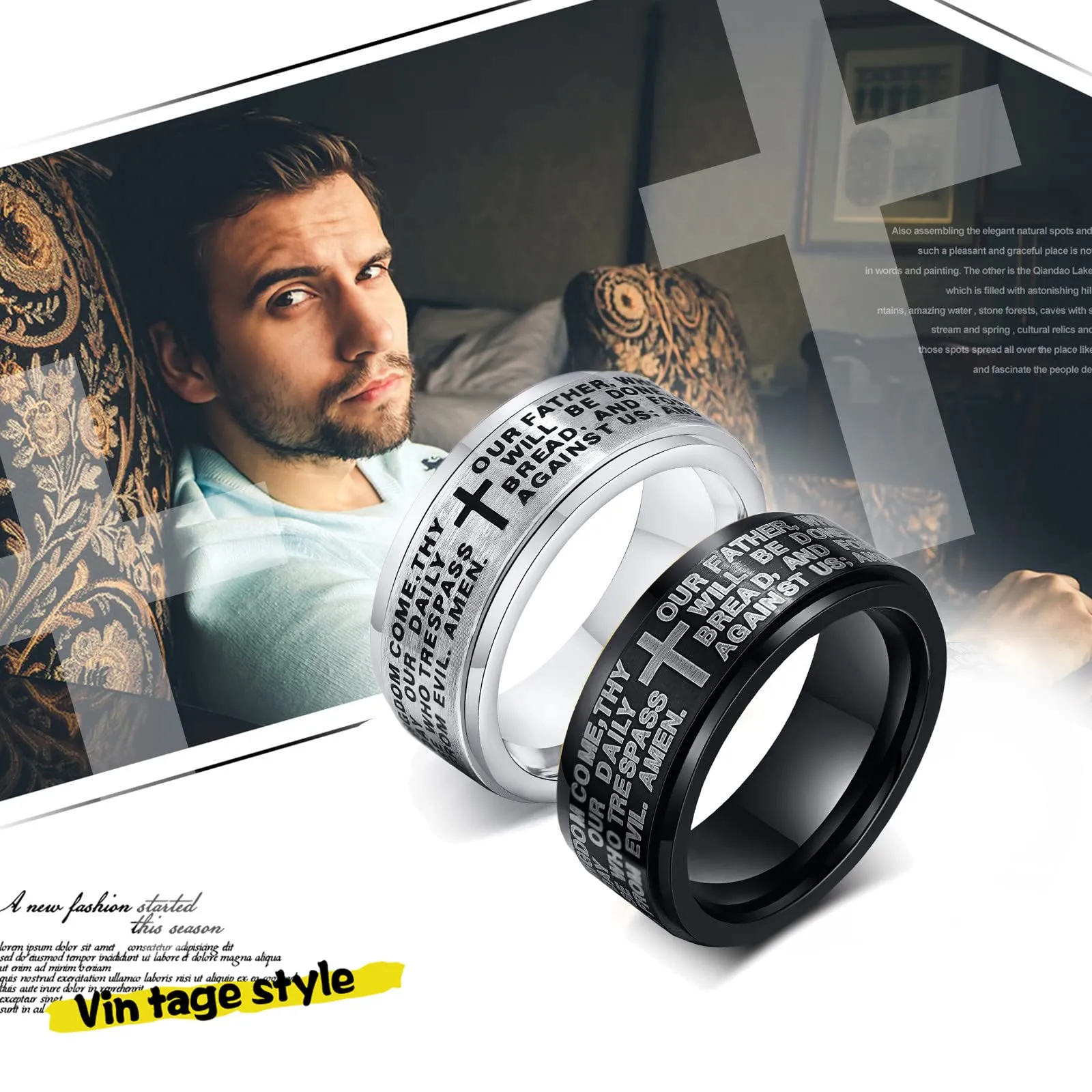 JewelryWe Anello Ruotabile Antistress Preghiera da Uomo Donna, 8mm, Acciaio Inossidabile, Banda Con Bibbia Spagnolo, Signori Attraversare Epoca - immagine 6