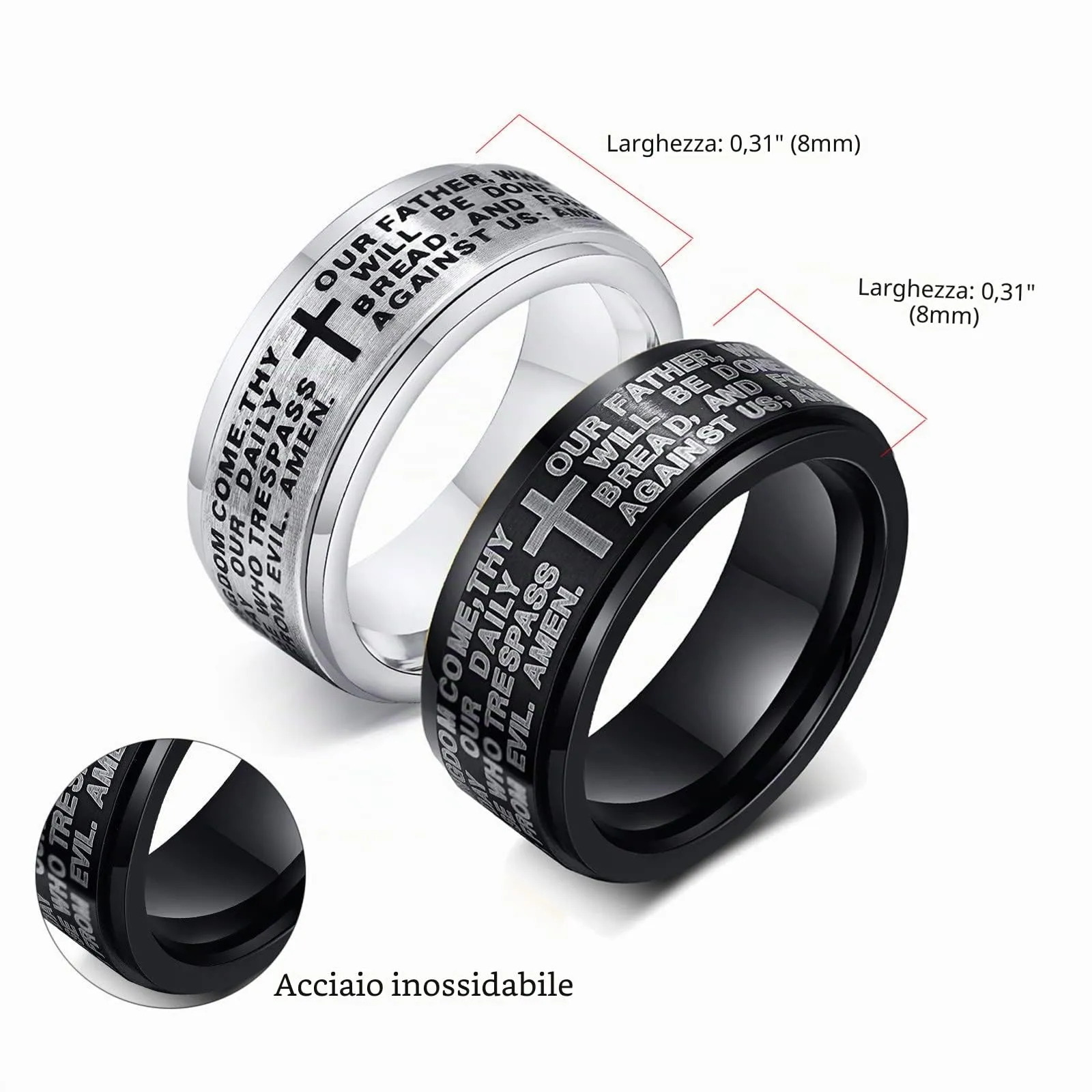 JewelryWe Anello Ruotabile Antistress Preghiera da Uomo Donna, 8mm, Acciaio Inossidabile, Banda Con Bibbia Spagnolo, Signori Attraversare Epoca - immagine 3