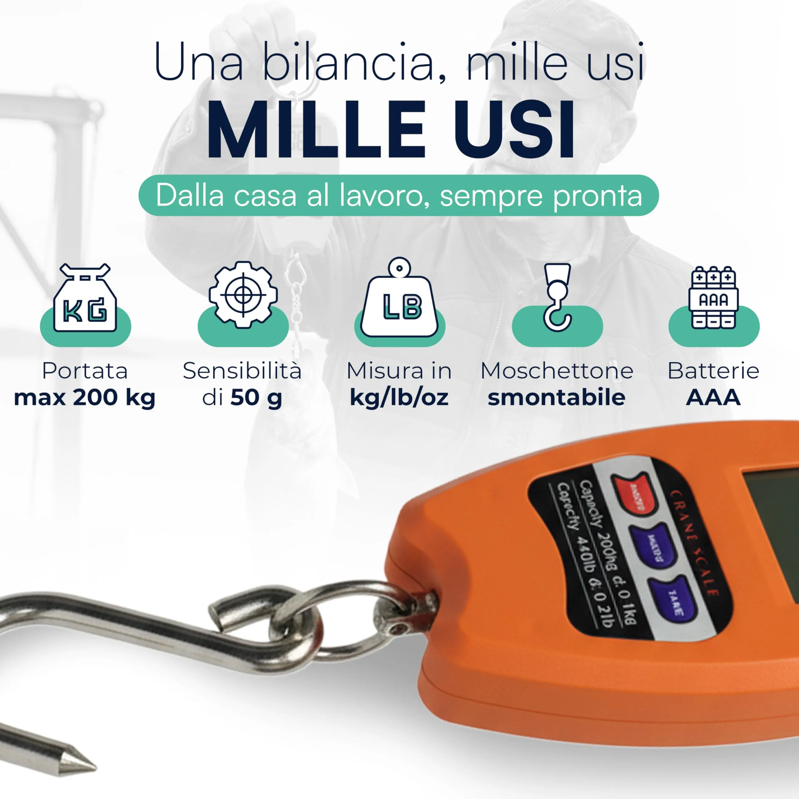 TEMPO DI SALDI Bilancia con Gancio Professionale Dinamometrica Max 200 Kg con Schermo Retroilluminato, Bilancia Digitale Pesa Valigia da Viaggio Portatile - immagine 5