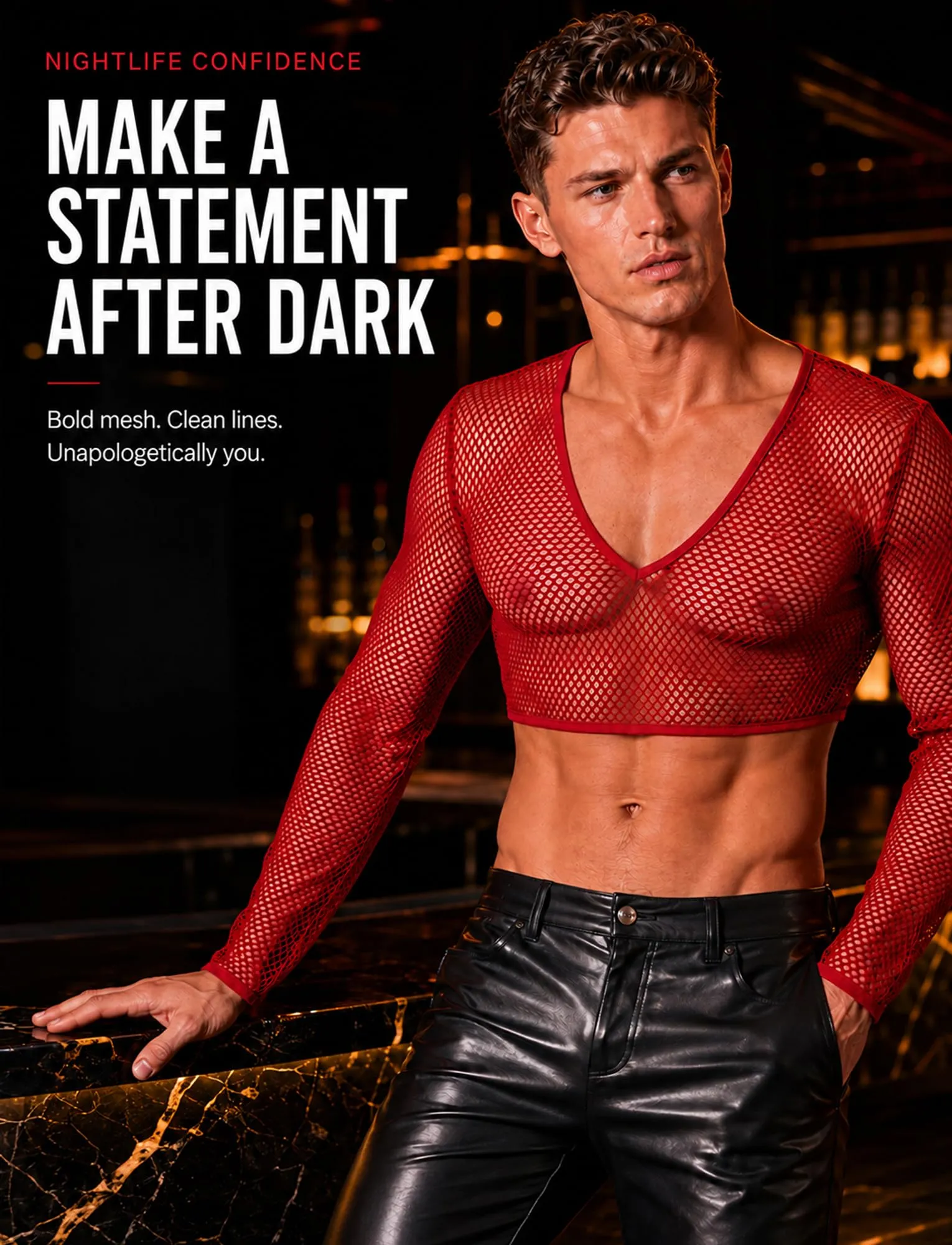 SEAUR Crop Top da uomo in rete trasparente sexy, Colore: rosso, XXL - immagine 3