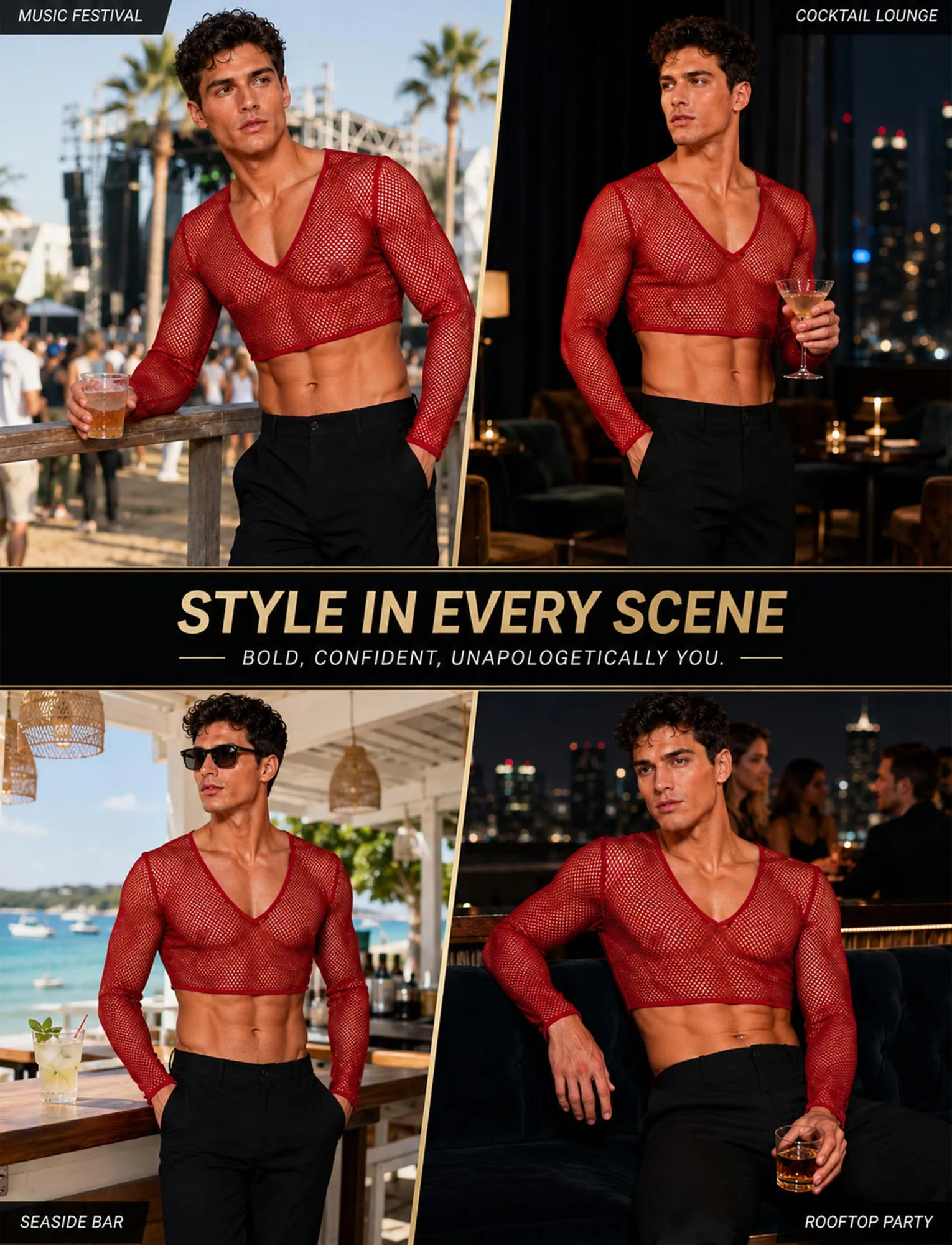 SEAUR Crop Top da uomo in rete trasparente sexy, Colore: rosso, XXL - immagine 5