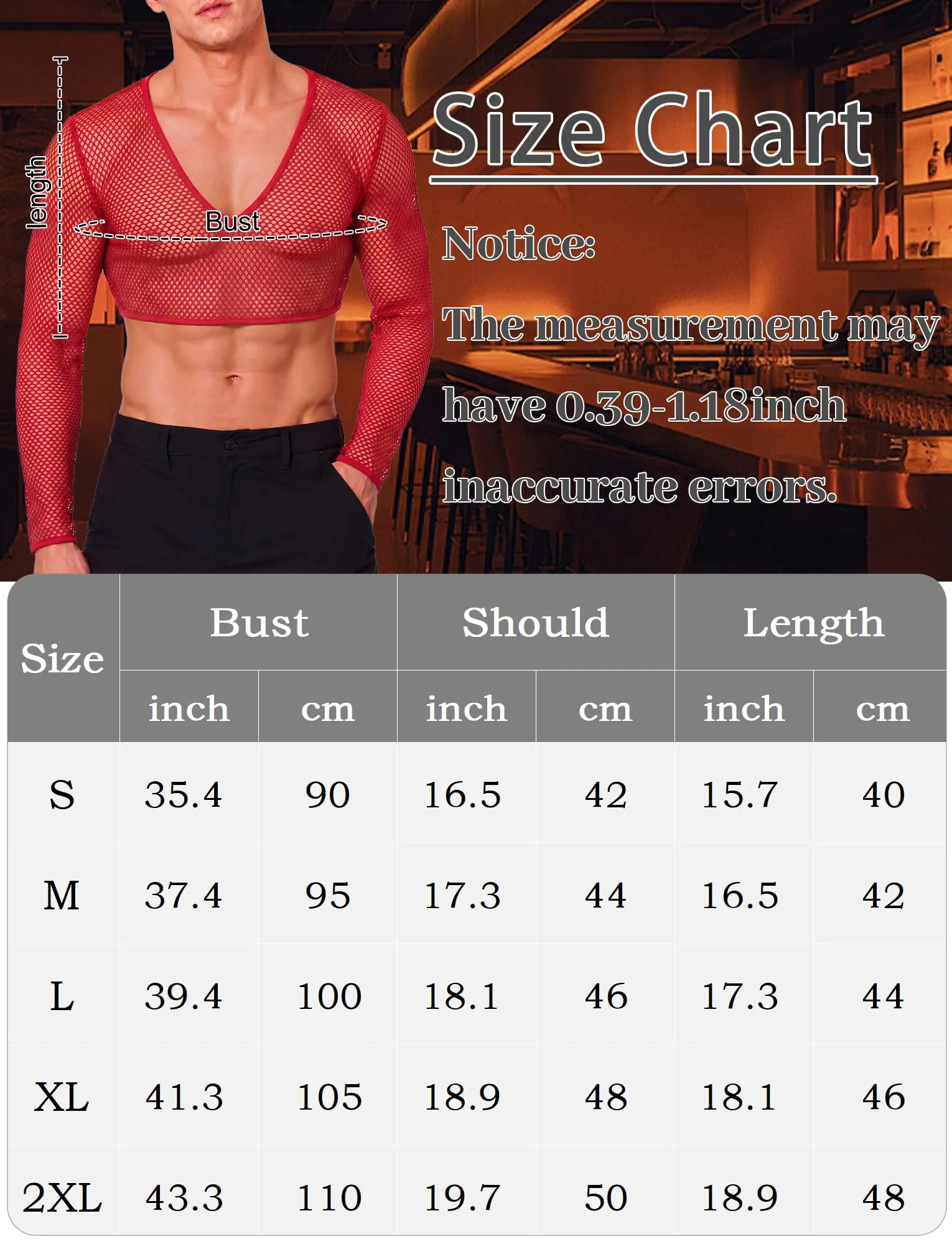 SEAUR Crop Top da uomo in rete trasparente sexy, Colore: rosso, XXL - immagine 6