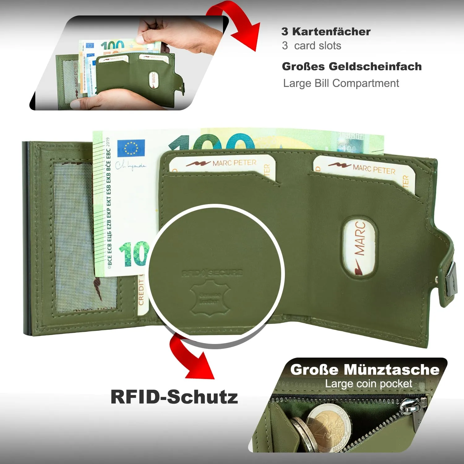 Marc Peter® Portafoglio da Uomo, Portafoglio Sottile con Scomparto per Monete e Protezione RFID, Portamonete in Pelle, 9 Scomparti per Carte di Credito, Porta Carte da Uomo Piccolo, verde, Druckknopf - immagine 2