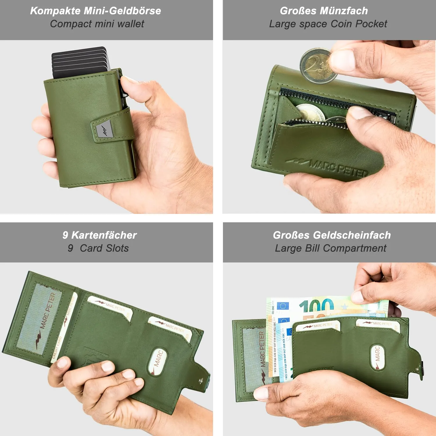 Marc Peter® Portafoglio da Uomo, Portafoglio Sottile con Scomparto per Monete e Protezione RFID, Portamonete in Pelle, 9 Scomparti per Carte di Credito, Porta Carte da Uomo Piccolo, verde, Druckknopf - immagine 3