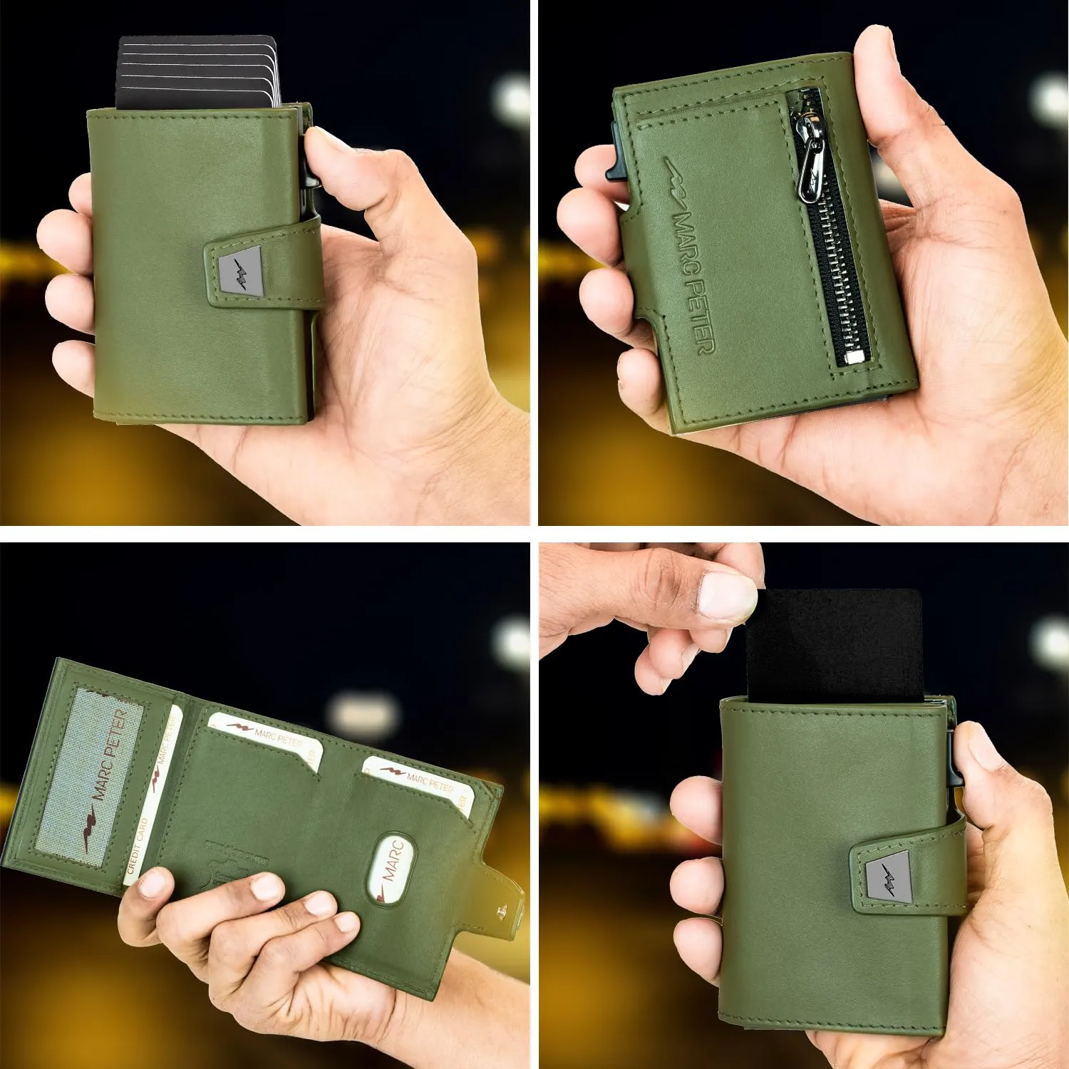 Marc Peter® Portafoglio da Uomo, Portafoglio Sottile con Scomparto per Monete e Protezione RFID, Portamonete in Pelle, 9 Scomparti per Carte di Credito, Porta Carte da Uomo Piccolo, verde, Druckknopf - immagine 4