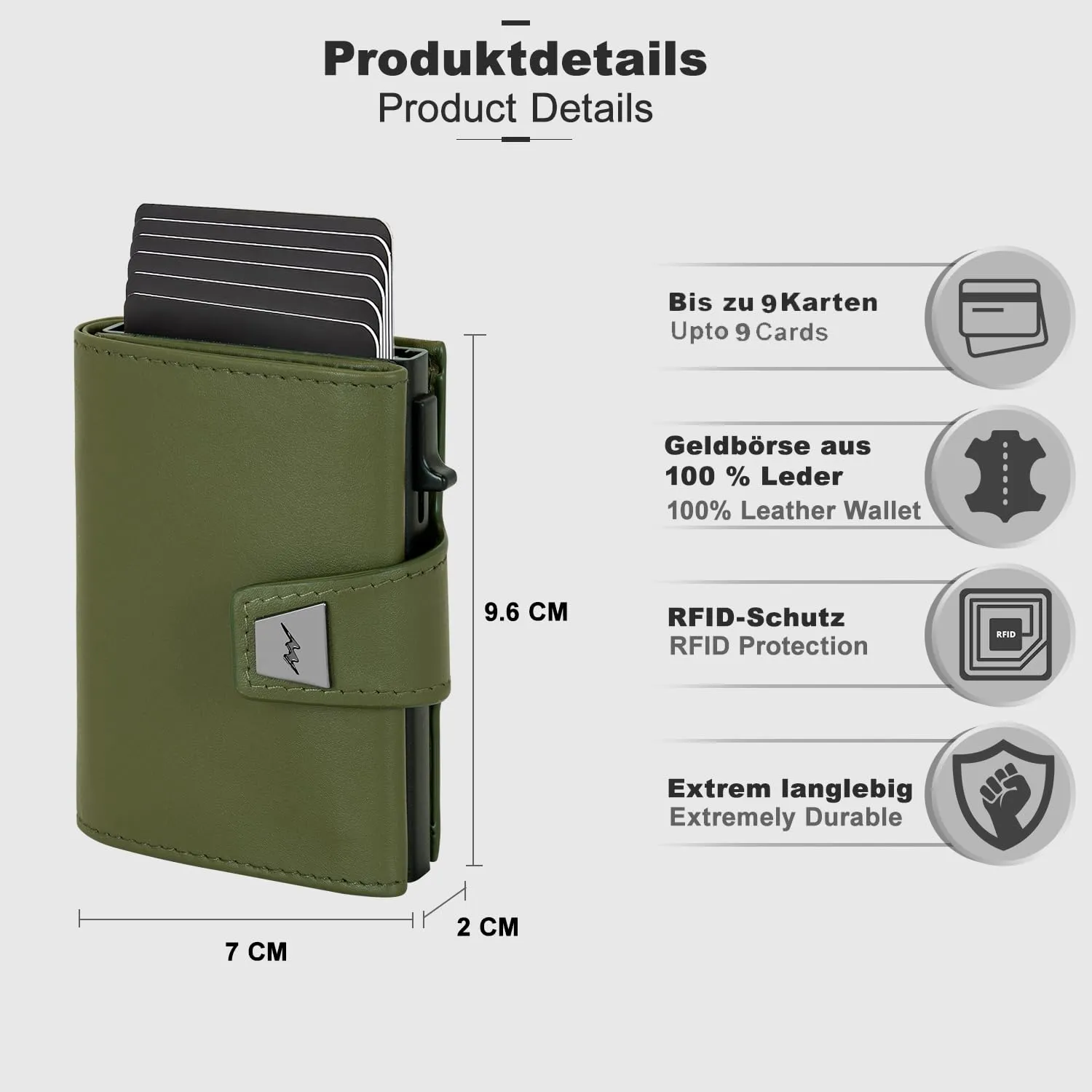 Marc Peter® Portafoglio da Uomo, Portafoglio Sottile con Scomparto per Monete e Protezione RFID, Portamonete in Pelle, 9 Scomparti per Carte di Credito, Porta Carte da Uomo Piccolo, verde, Druckknopf - immagine 5