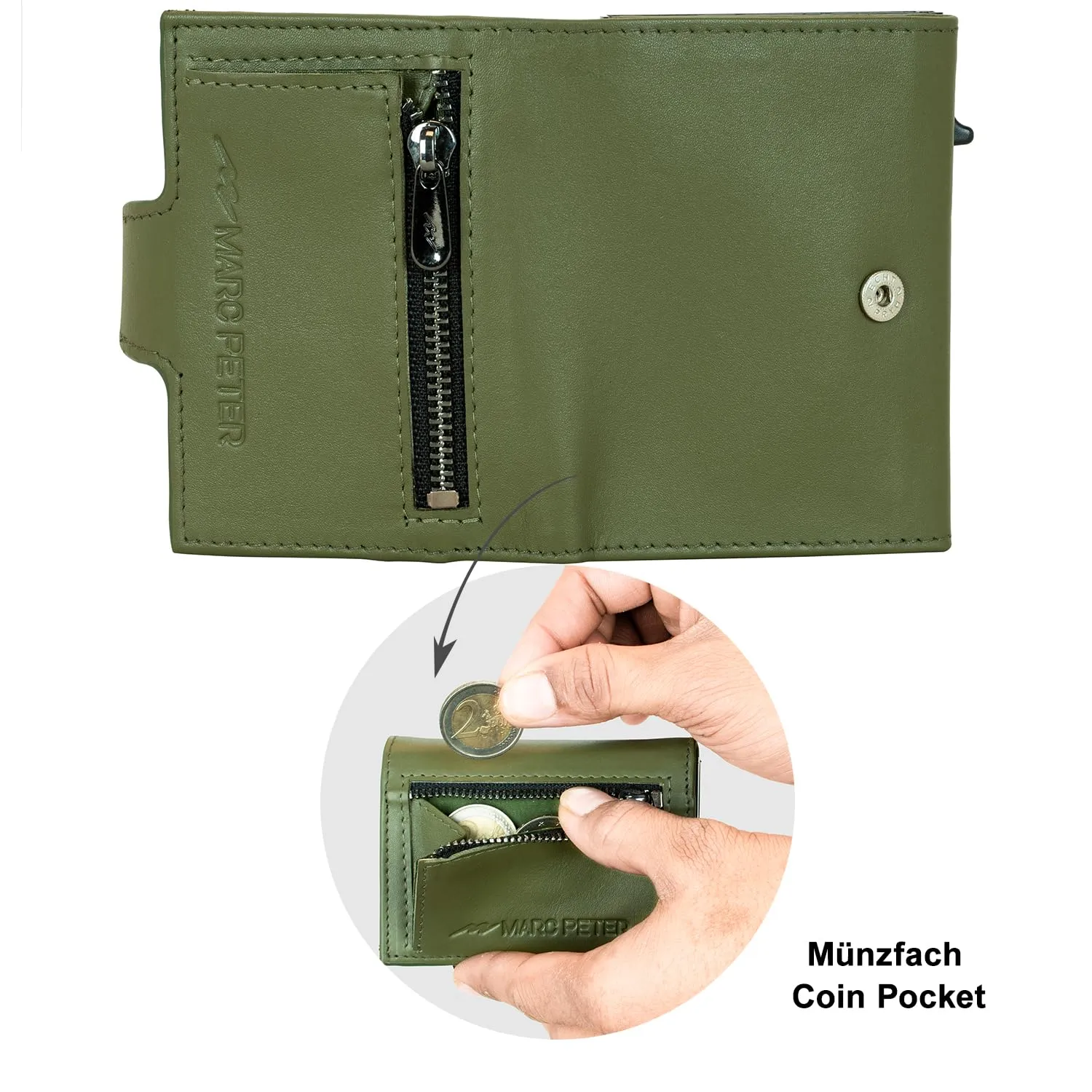 Marc Peter® Portafoglio da Uomo, Portafoglio Sottile con Scomparto per Monete e Protezione RFID, Portamonete in Pelle, 9 Scomparti per Carte di Credito, Porta Carte da Uomo Piccolo, verde, Druckknopf - immagine 6
