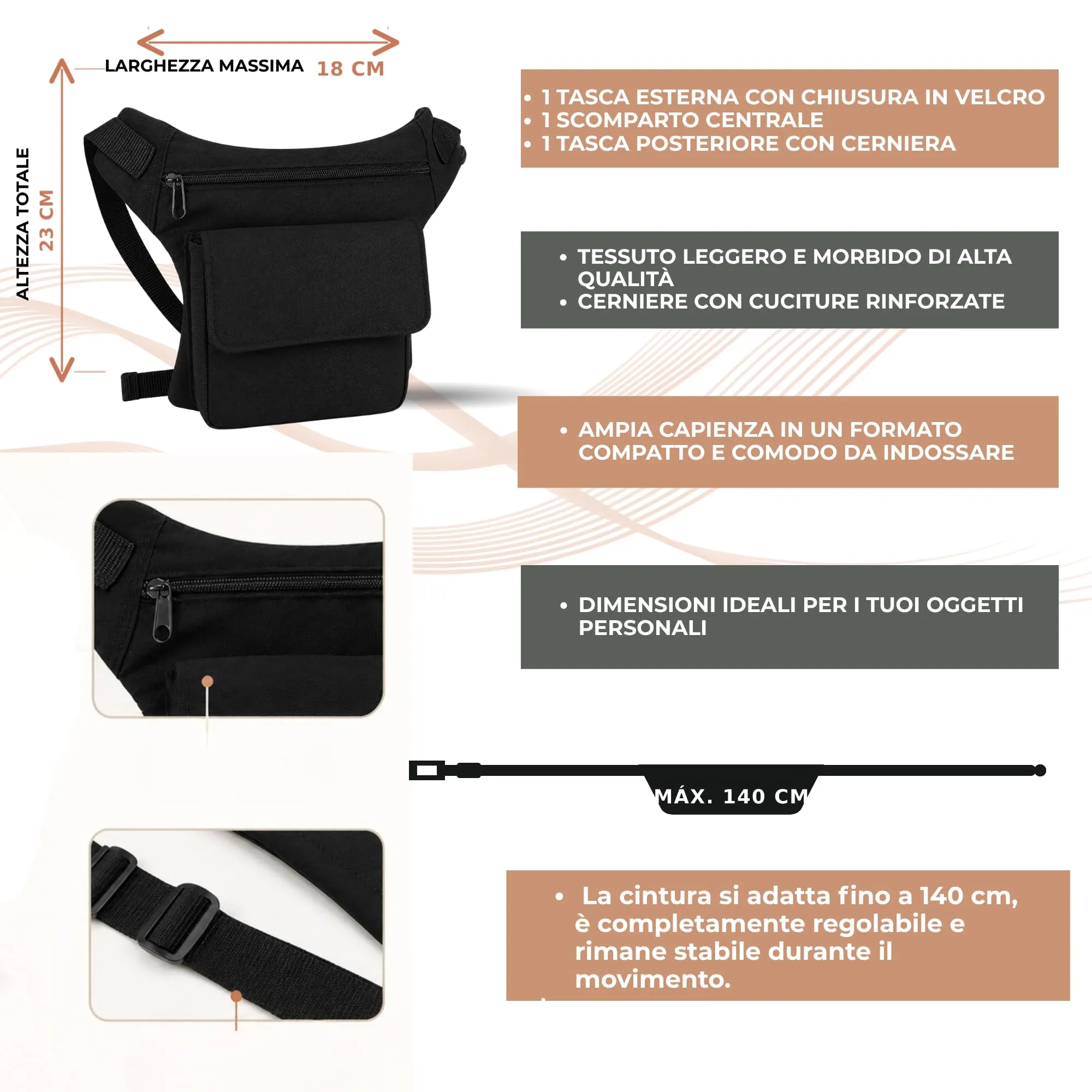 Marsupio laterale leggero, unisex, con scomparto centrale e 2 tasche, tracolla incrociata, stile hippie, per viaggi e uso quotidiano, marrone, Taglia unica, Casual, discreto e urbano - immagine 2