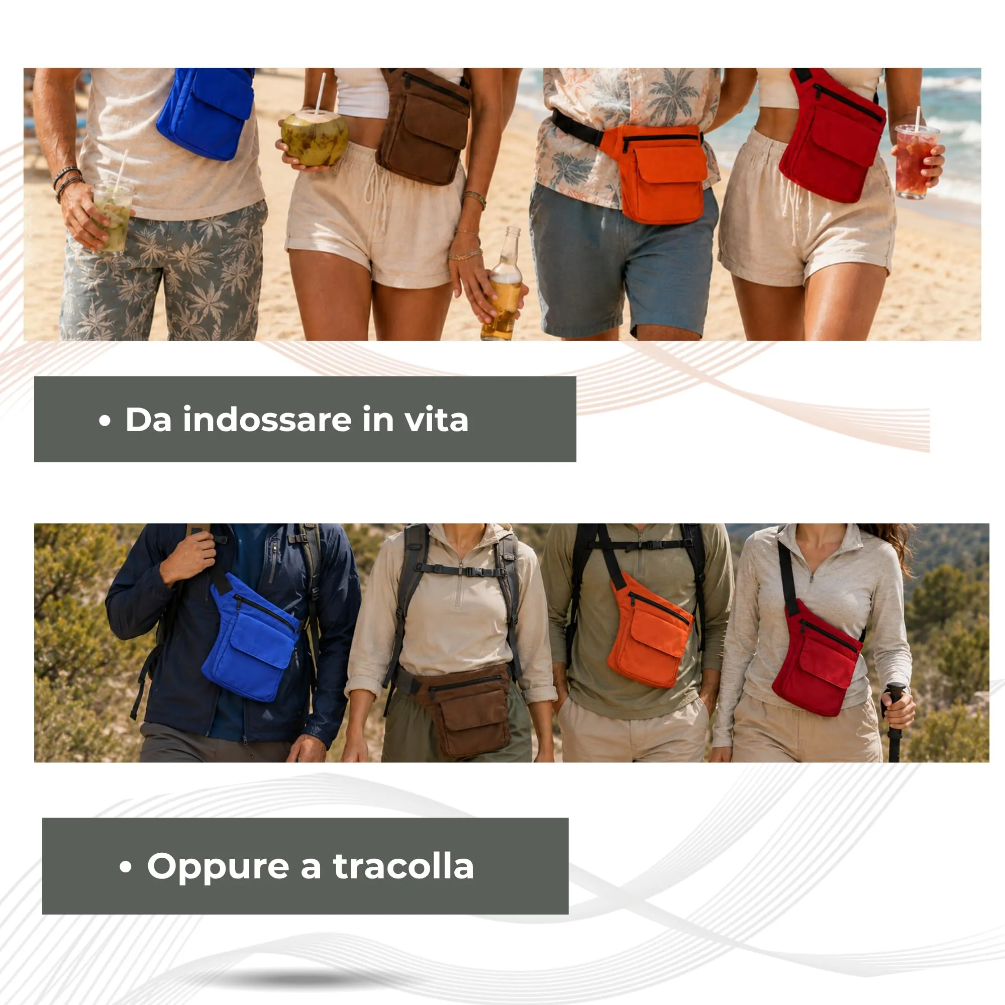 Marsupio laterale leggero, unisex, con scomparto centrale e 2 tasche, tracolla incrociata, stile hippie, per viaggi e uso quotidiano, marrone, Taglia unica, Casual, discreto e urbano - immagine 3