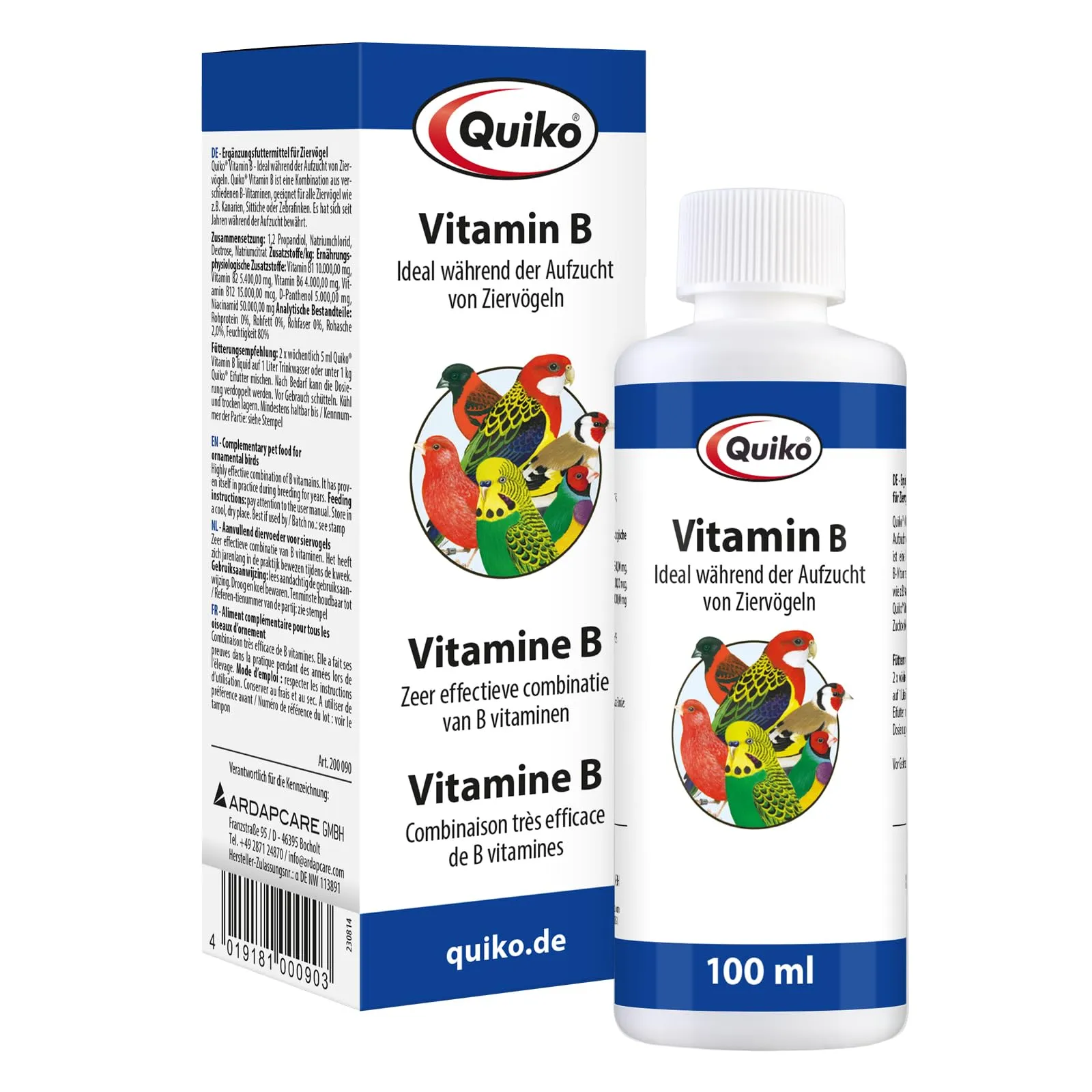 Quiko Vitamina B 100ml Combinazione altamente efficace di vitamine del gruppo B per uccelli da compagnia e piccioni da corsa Per la prevenzione della crescita e dei disturbi nervosi. - immagine 1
