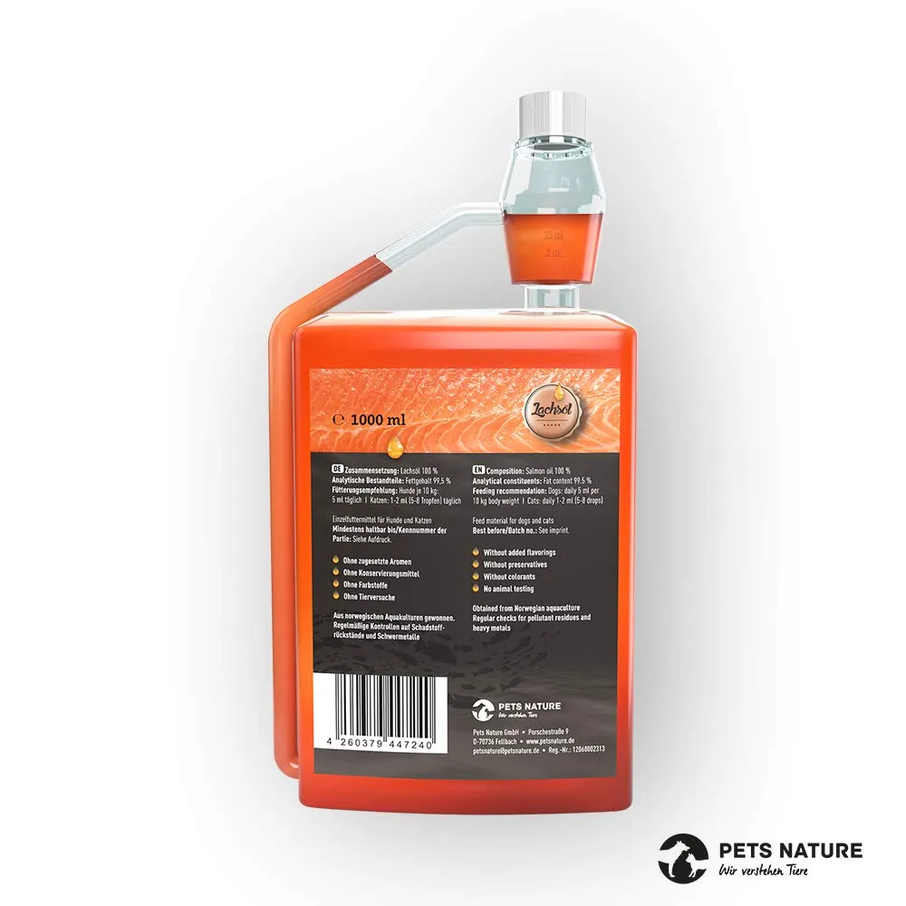Pets Nature Olio di salmone per cani e gatti – 1 litro di olio di pesce puro premium con Omega 3 e 6 per cane, gatto e cavallo, 1000 ml - immagine 2