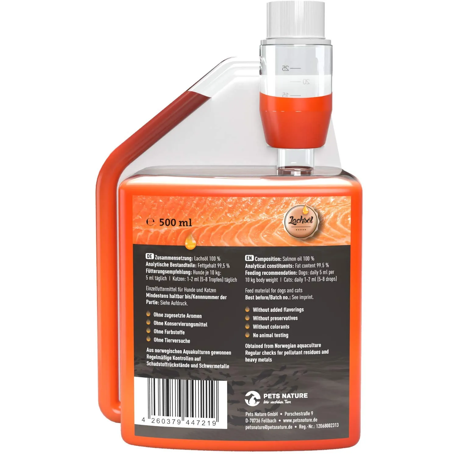 Pets Nature Olio di salmone per cani e gatti puro olio di pesce premium con Omega 3 e 6 per cane, gatto e cavallo, 500 ml - immagine 2