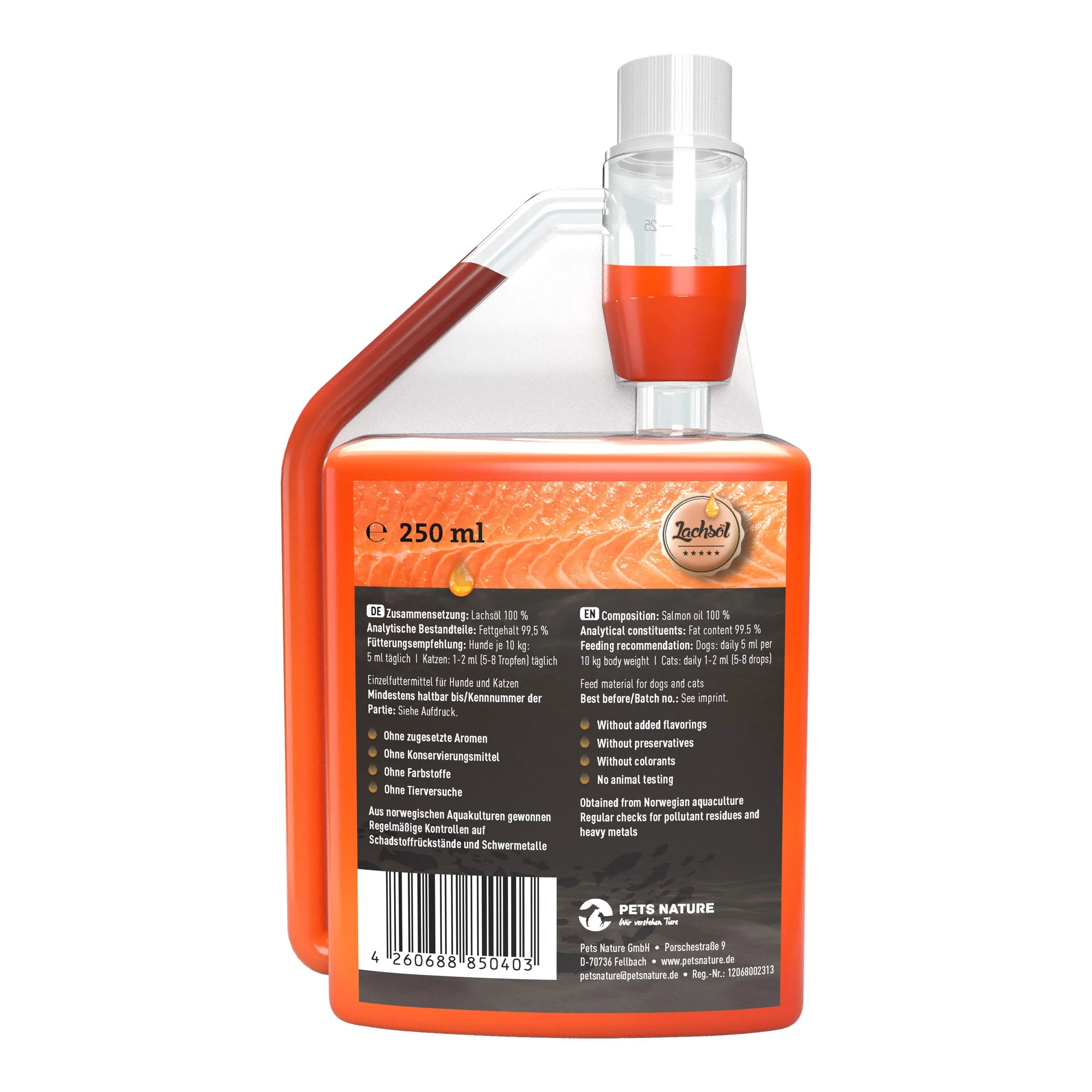 Pets Nature Olio di salmone per cani e gatti - 250 ml di puro olio di pesce premium con Omega 3 e 6 per il tuo cane, gatto e cavallo - immagine 2