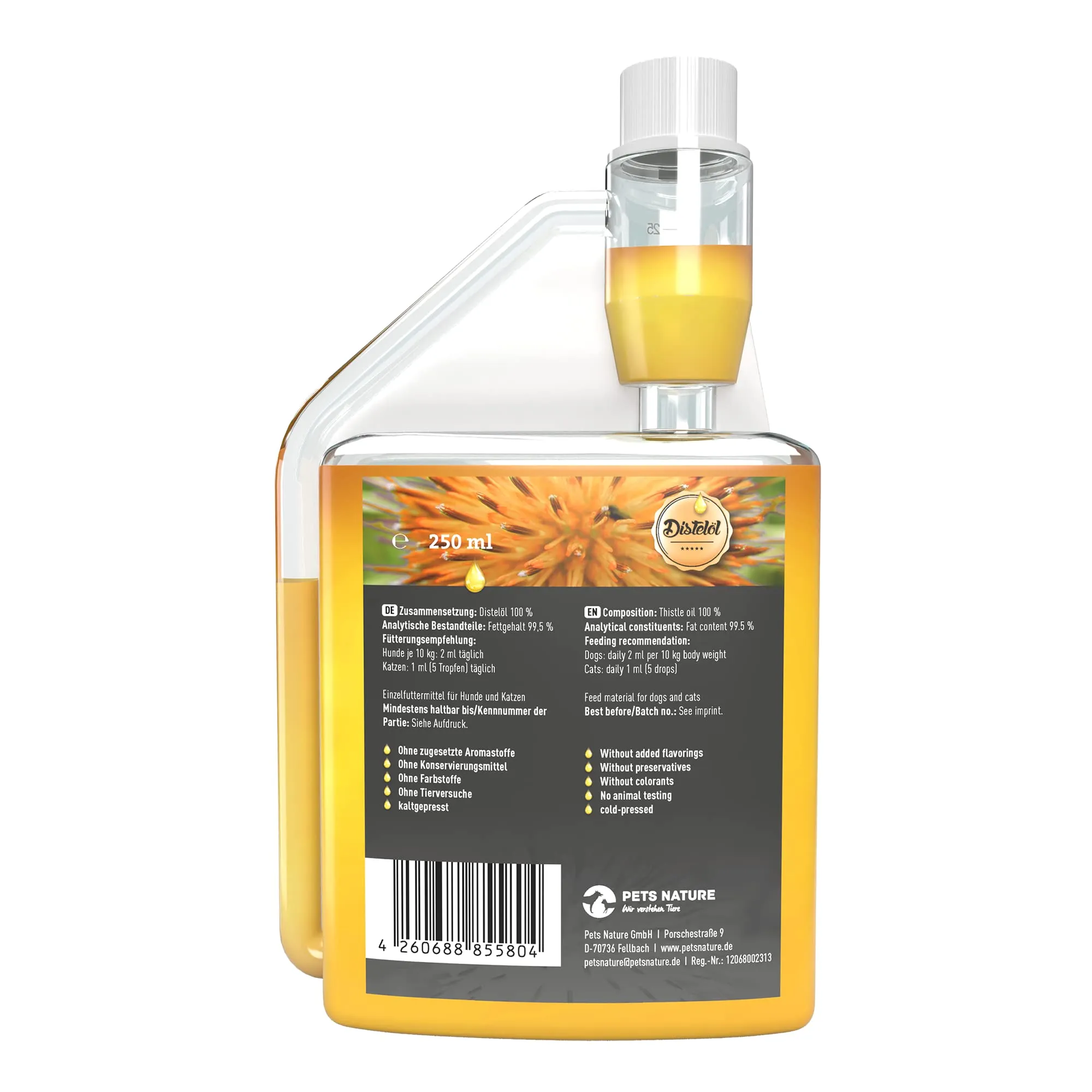 Pets Nature Olio di cardo per cani e gatti – puro olio di cardo premium ricco di acidi grassi omega-6 acido linoleico – 100% naturale, spremuto delicatamente a freddo, prodotto in Germania (250 ml) - immagine 2