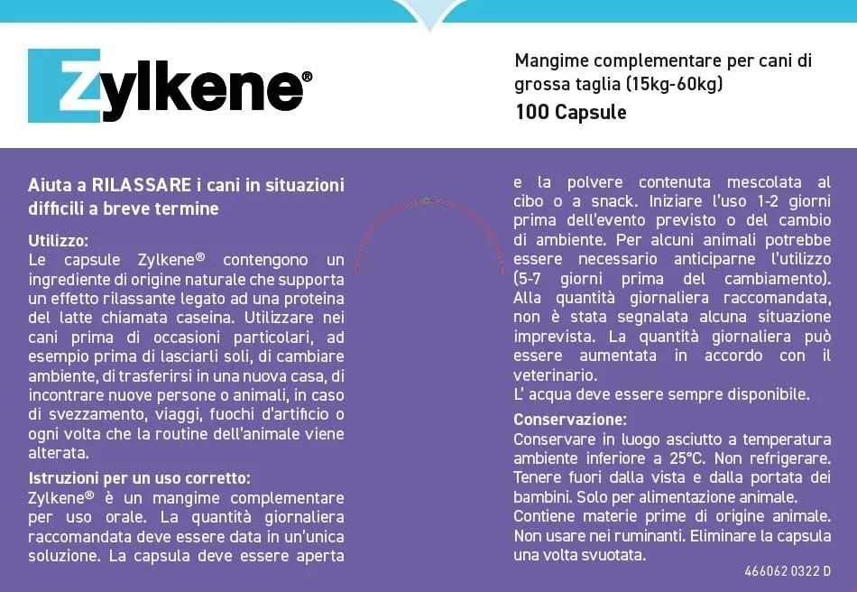 Zylkene Mangime Complementare | Cani di taglia grande (15-60 kg) 450 mg | Promuove il rilassamento nelle situazioni di disagio nel breve termine: Rumori forti, Visite veterinarie | 100 capsule - immagine 2