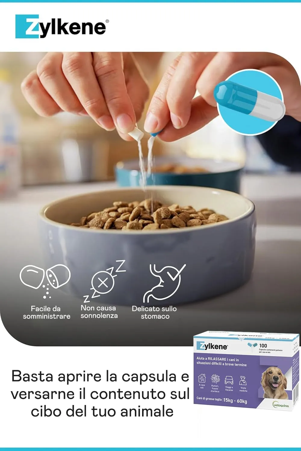 Zylkene Mangime Complementare | Cani di taglia grande (15-60 kg) 450 mg | Promuove il rilassamento nelle situazioni di disagio nel breve termine: Rumori forti, Visite veterinarie | 100 capsule - immagine 4