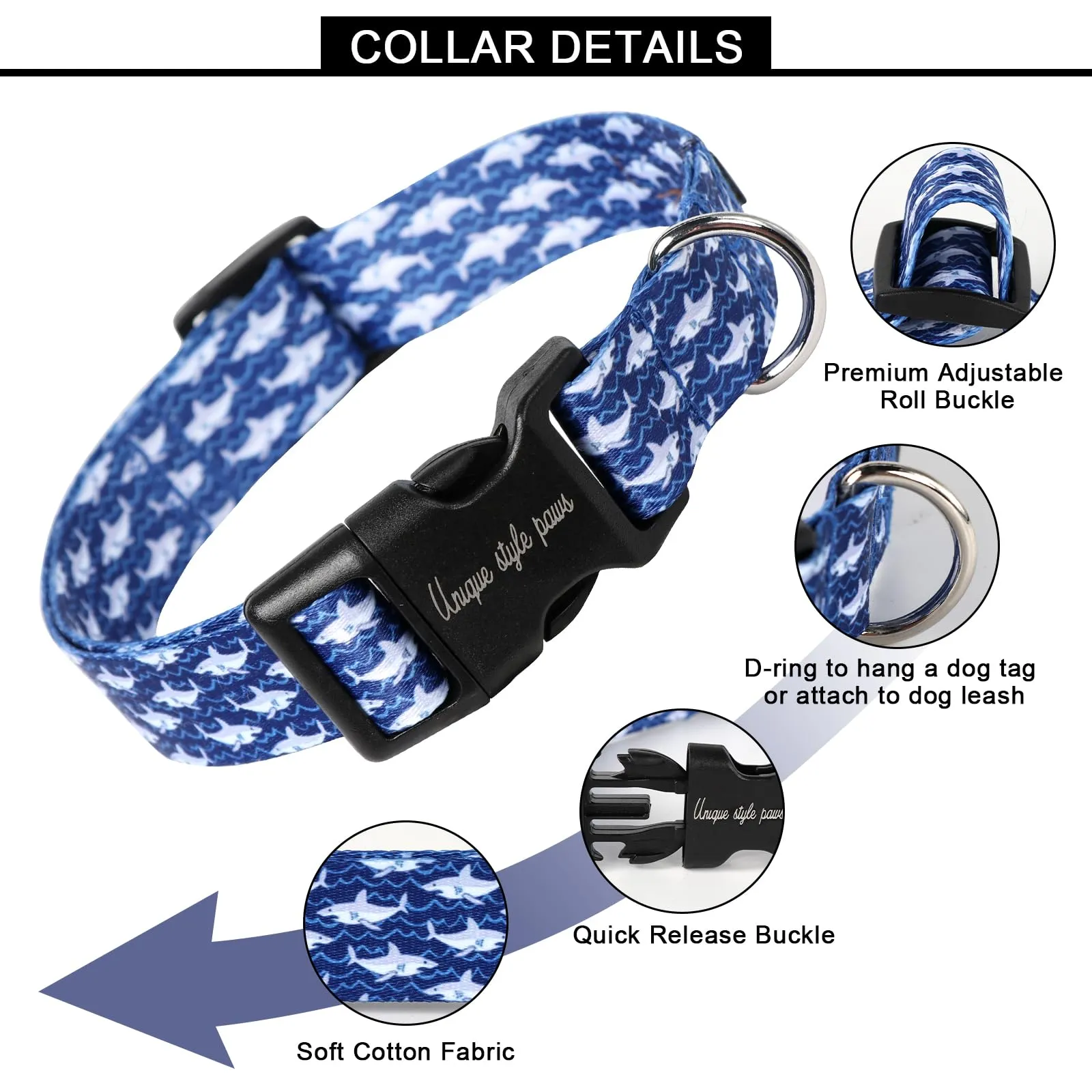 Collare per cani Unique style paws in blu per cani di taglia piccola, media e grande, con fibbia, catena, papillon, collare per cani, guinzaglio e pettorina. Accessori per cani. Regali per cani XS - immagine 2